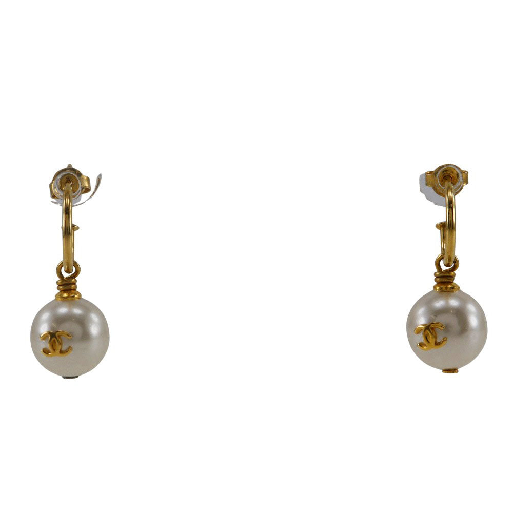 Chanel Pierce Plated Faux Pearl hoop COCO Gold Jewelry