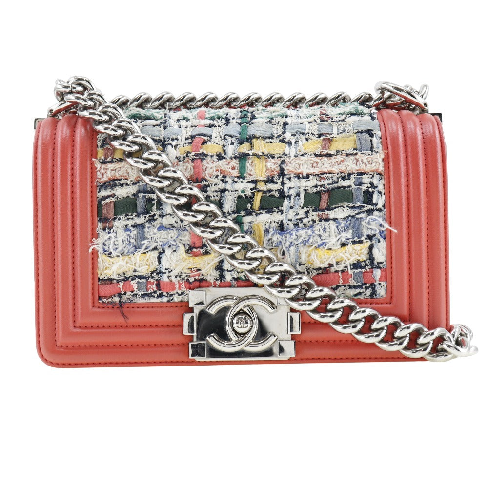 Chanel Tweed Calfskin Boy ChainShoulder Red Shoulder Bag
