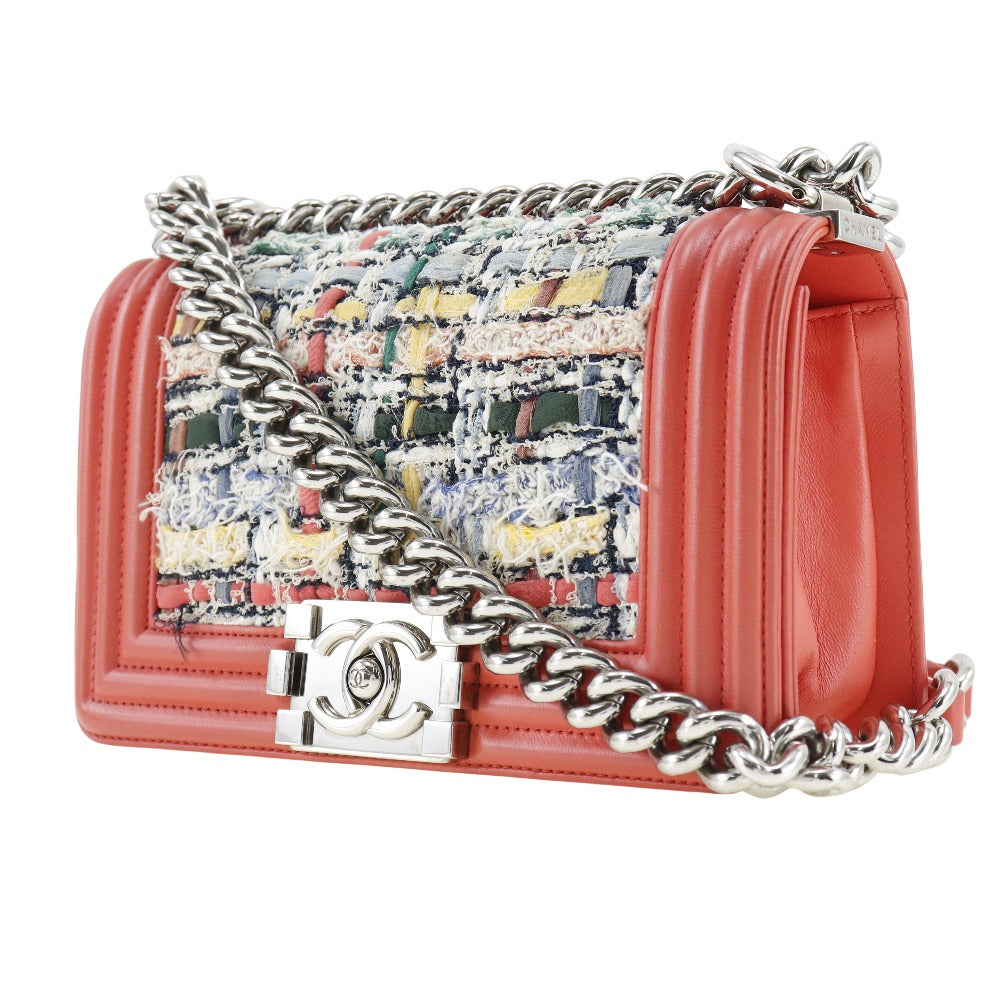Chanel Tweed Calfskin Boy ChainShoulder Red Shoulder Bag