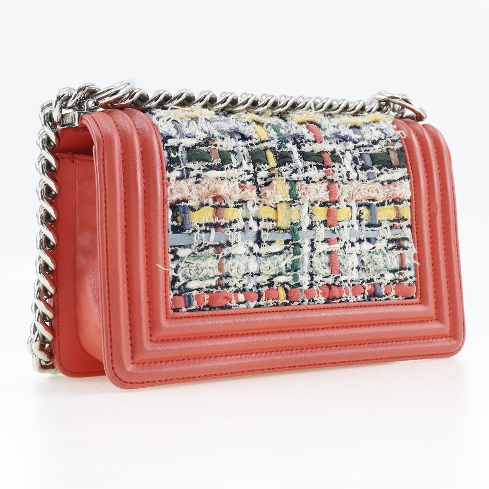 Chanel Tweed Calfskin Boy ChainShoulder Red Shoulder Bag