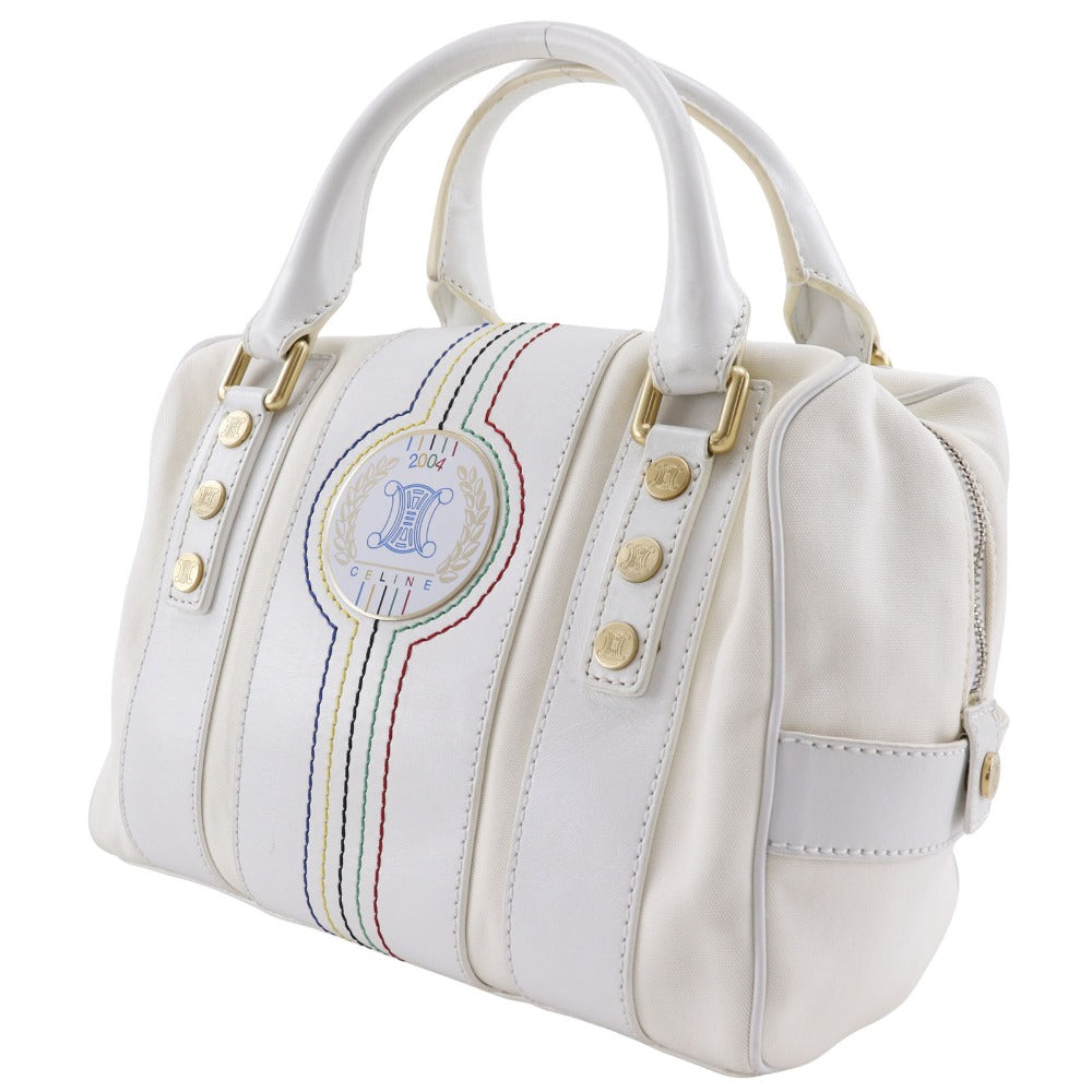White Athens Olympics Limited Mini Boston Women Leather Canvas Travel Bag