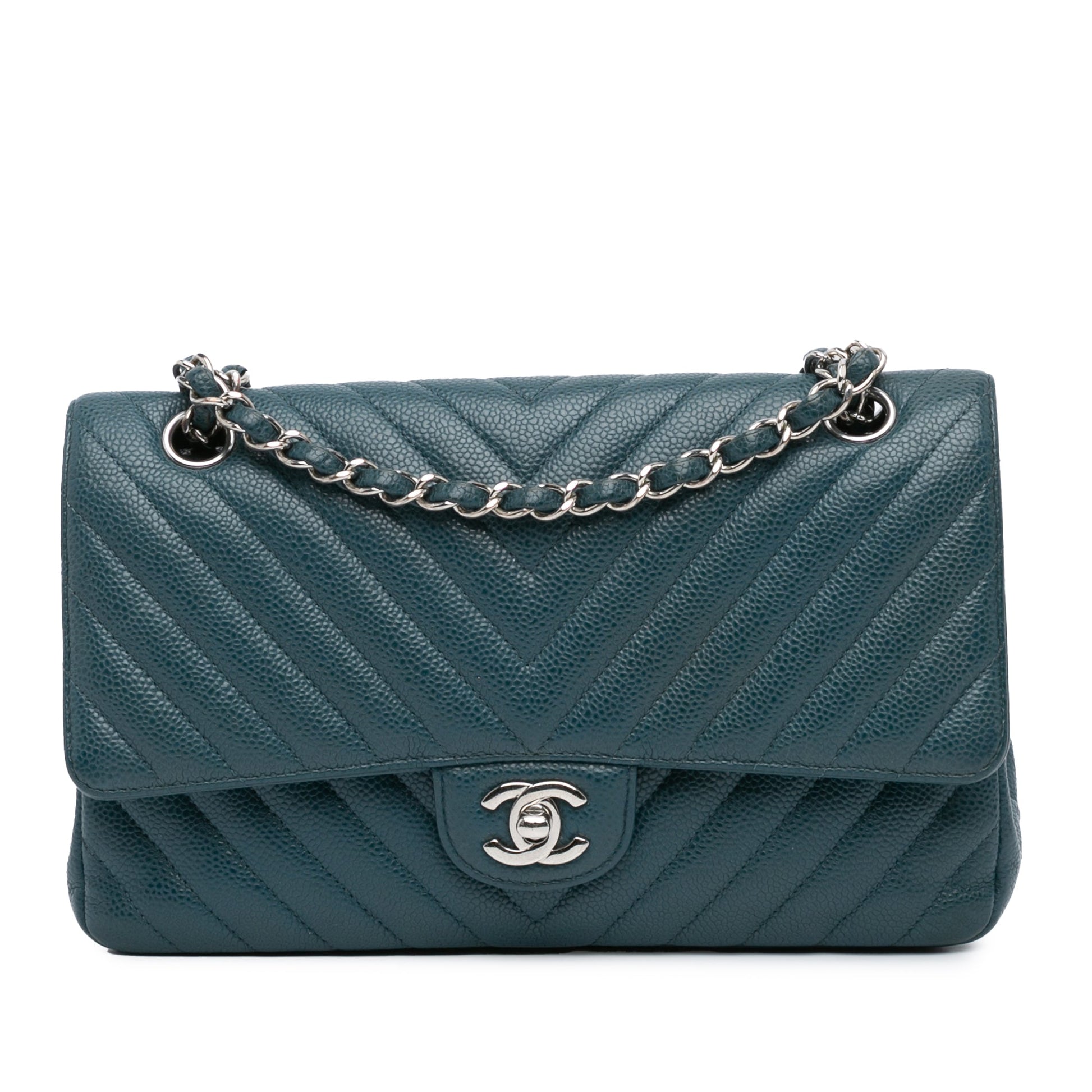 Blue Chanel Medium Classic Chevron Caviar Double Flap Shoulder Bag