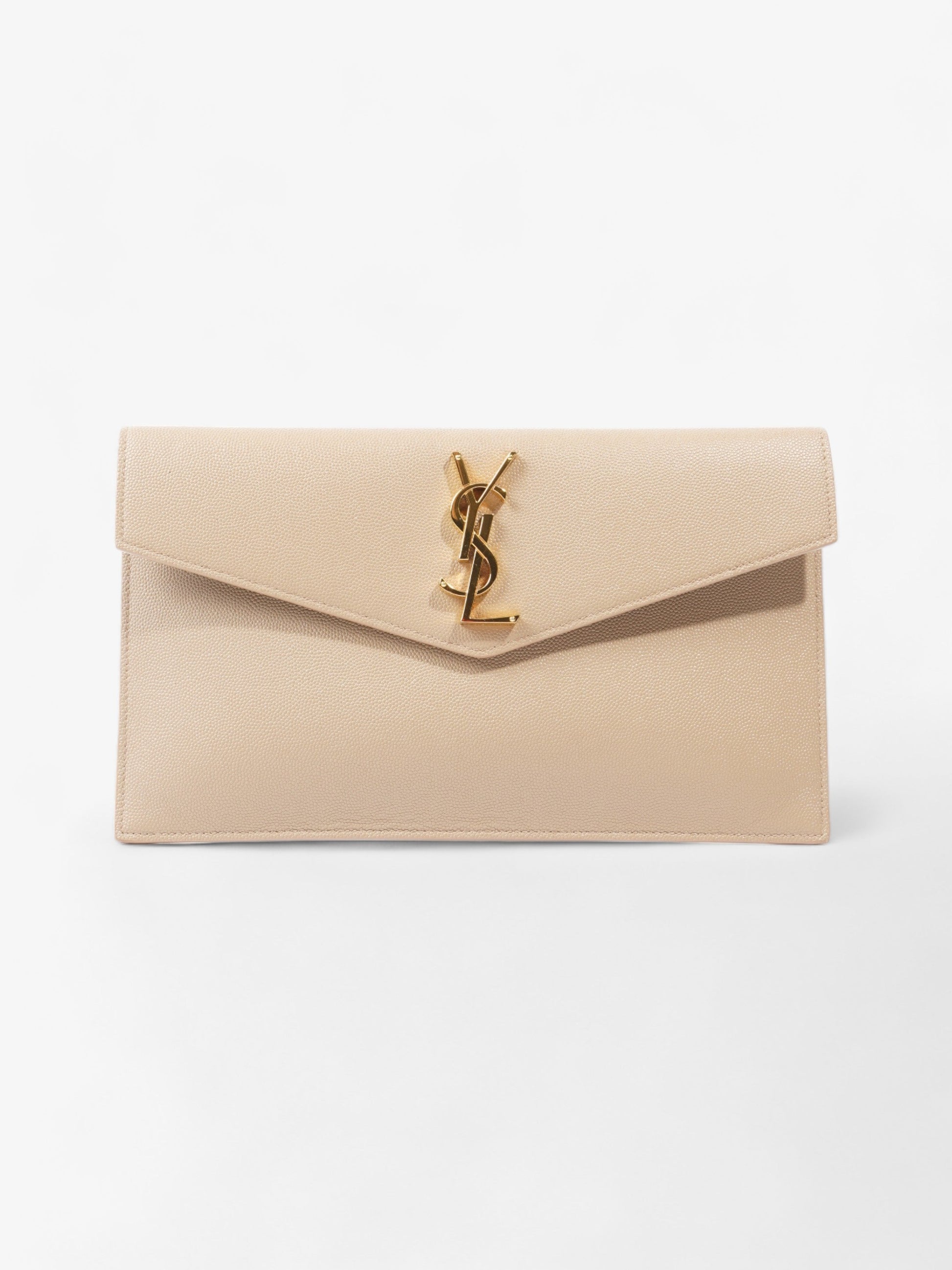 YSL Saint Laurent Envelope Pouch Dark Latte Grained Clutch Bag Leather Medium