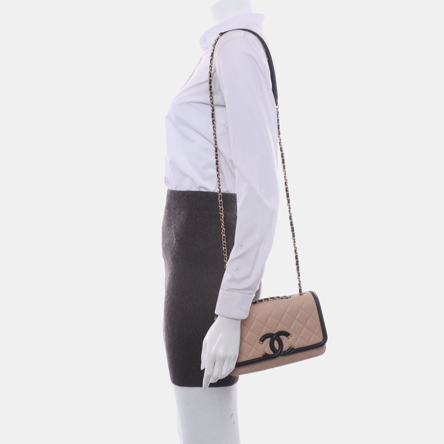 Chanel Filigree Flap Caviar Trim Black Beige Small Leather Shoulder Bag