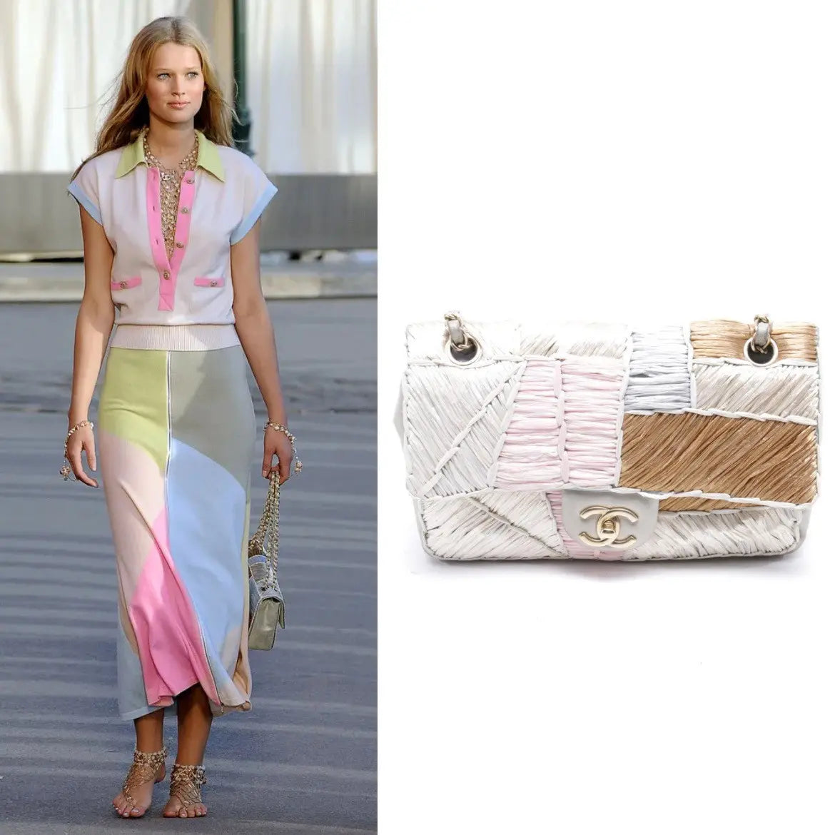 Chanel Timeless Classic Flap Rare Patchwork Raffia Multicolor Gold Handbag