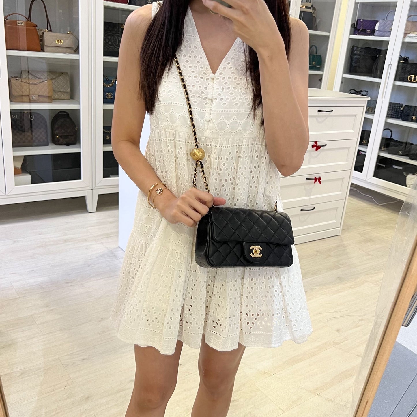 Chanel Pearl Crush Mini Rectangle Flap In 24K Black Stiff Lambskin And Aghw ( ) Bag