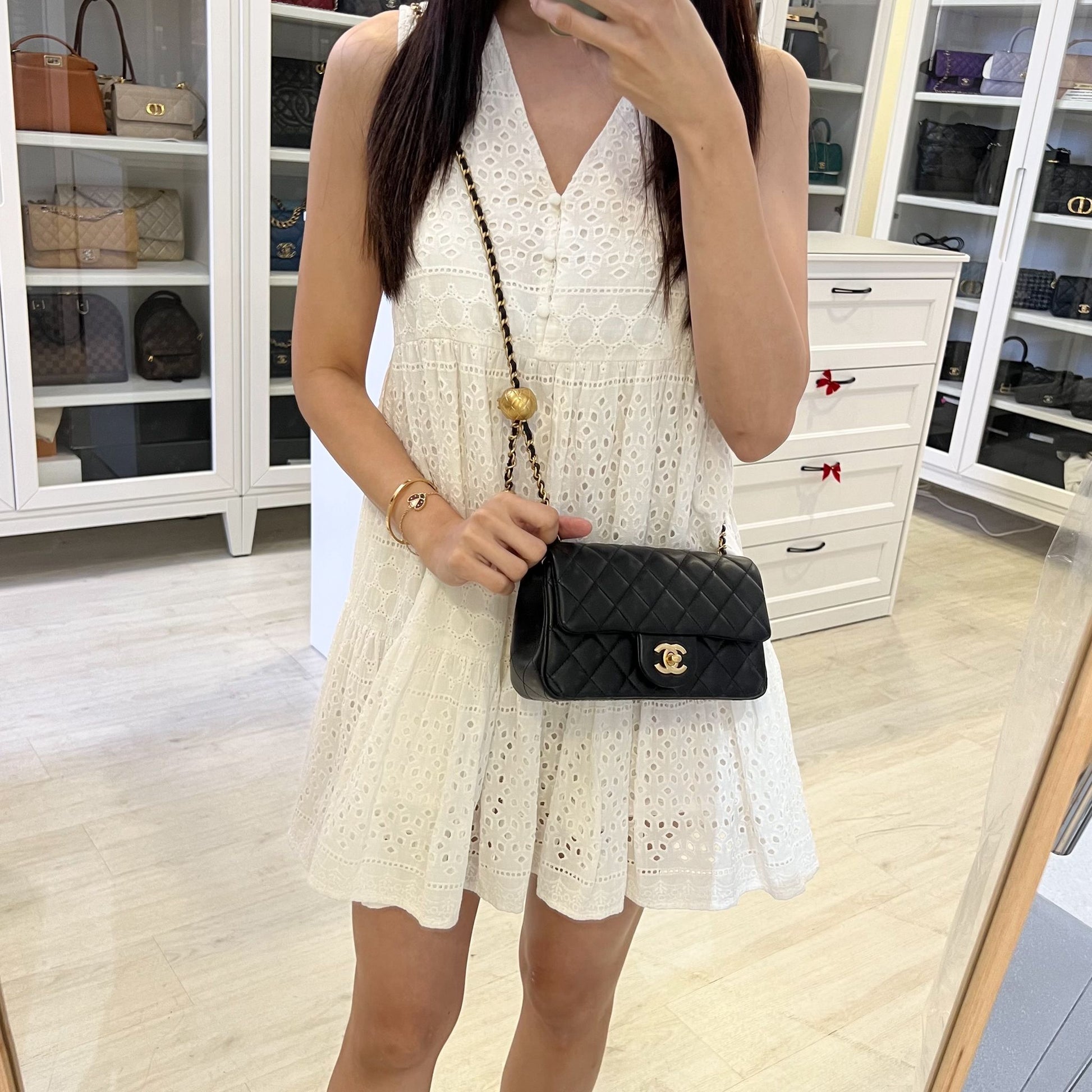 Chanel Pearl Crush Mini Rectangle Flap in 24K Black Stiff Lambskin and Aghw (AS1787) Handbag
