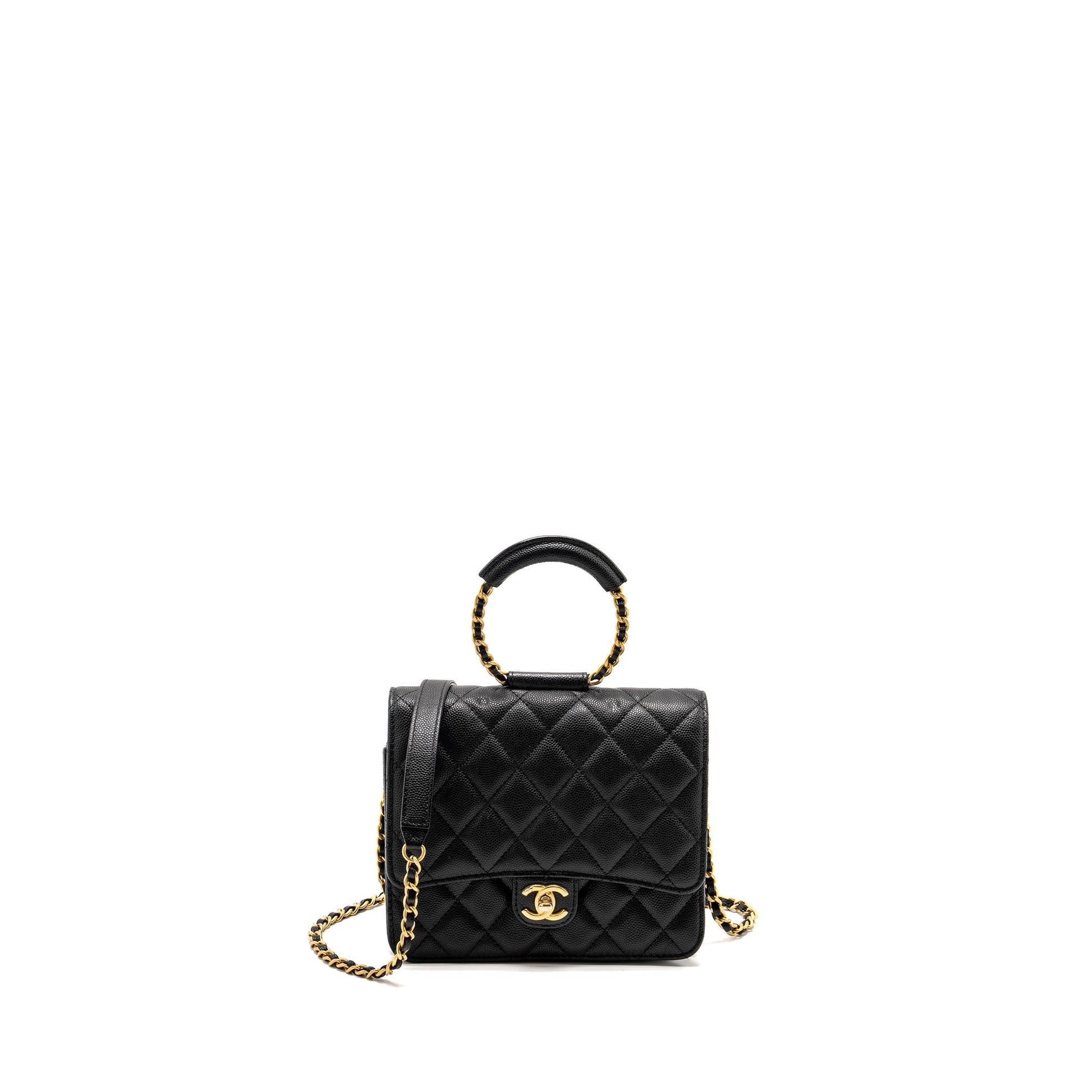 Chanel Circular Handle Quilted Flap Caviar GHW Black Shoulder Bag