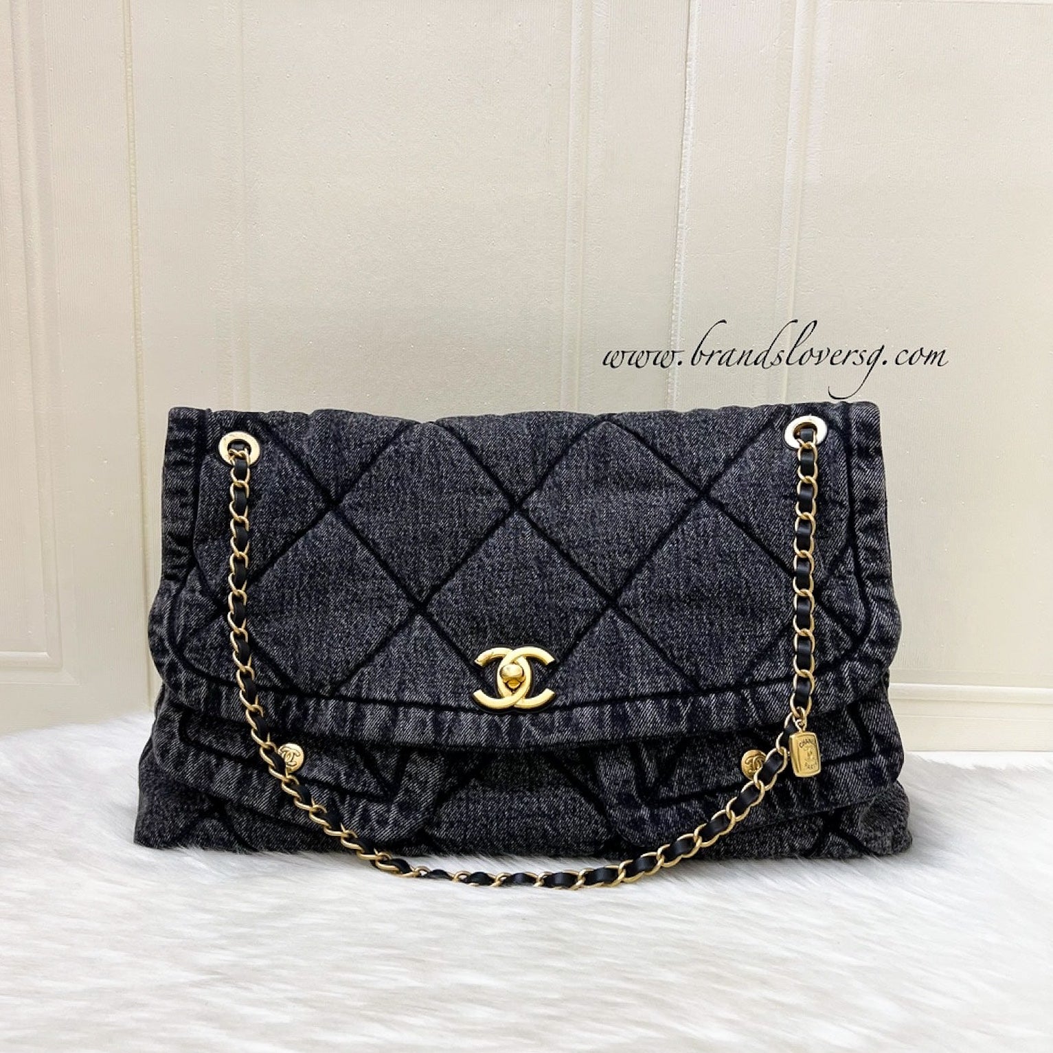 Chanel Maxi Flapbag in Black Washed Denim and Aghw ( ) Bag