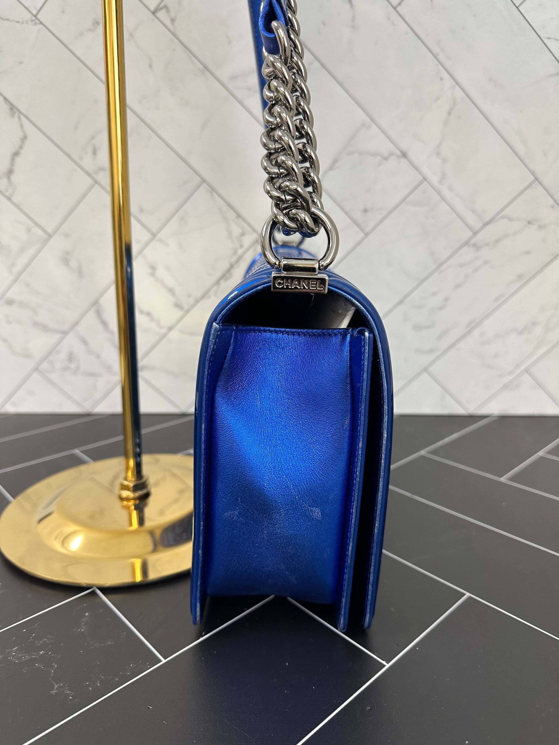 Chanel Blue Quilted Patent Leather Medium Boy Bag