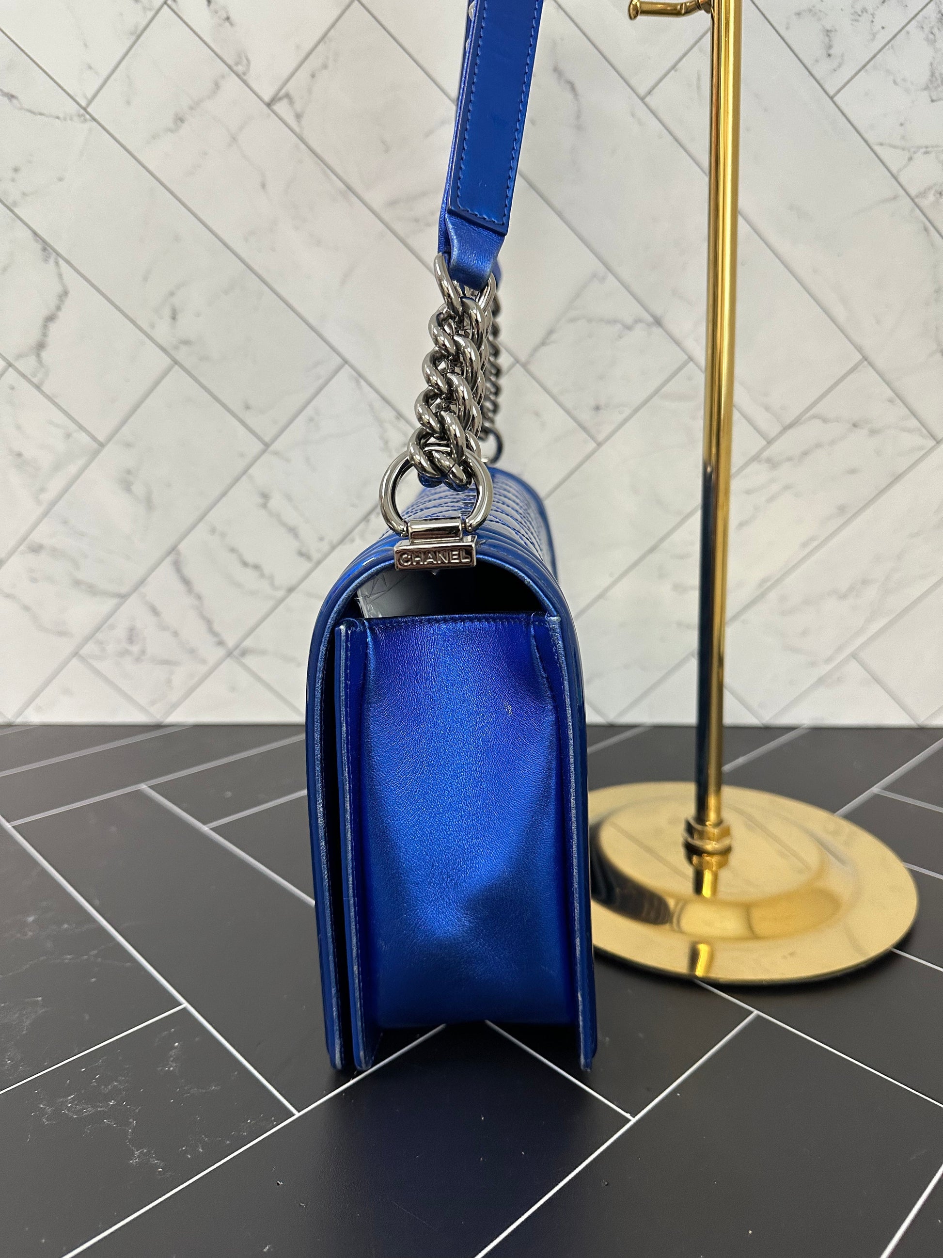Chanel Blue Quilted Patent Leather Medium Boy Bag
