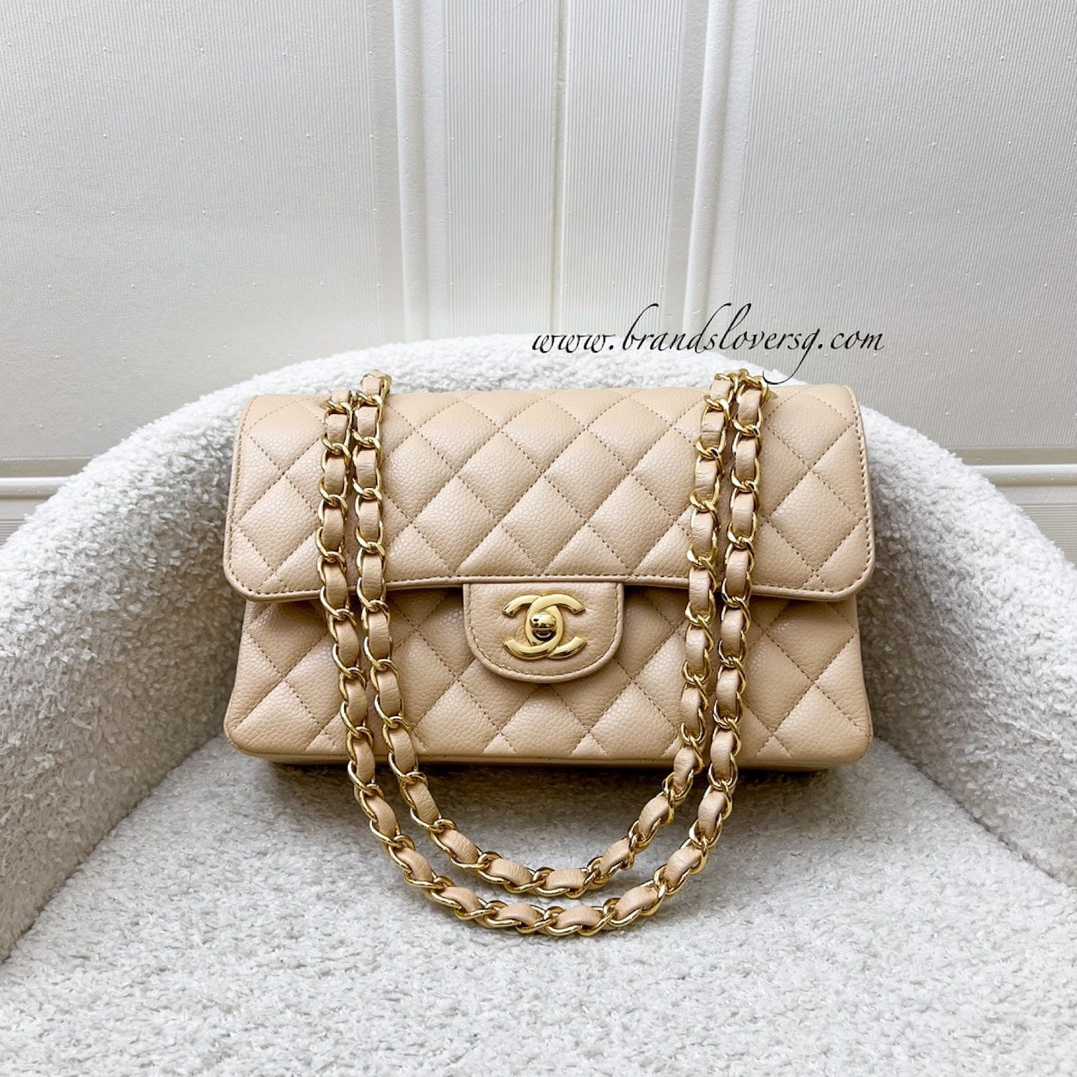 Chanel [Like New!] Small Classic Flap Cf In Beige Caviar And Lghw Bag