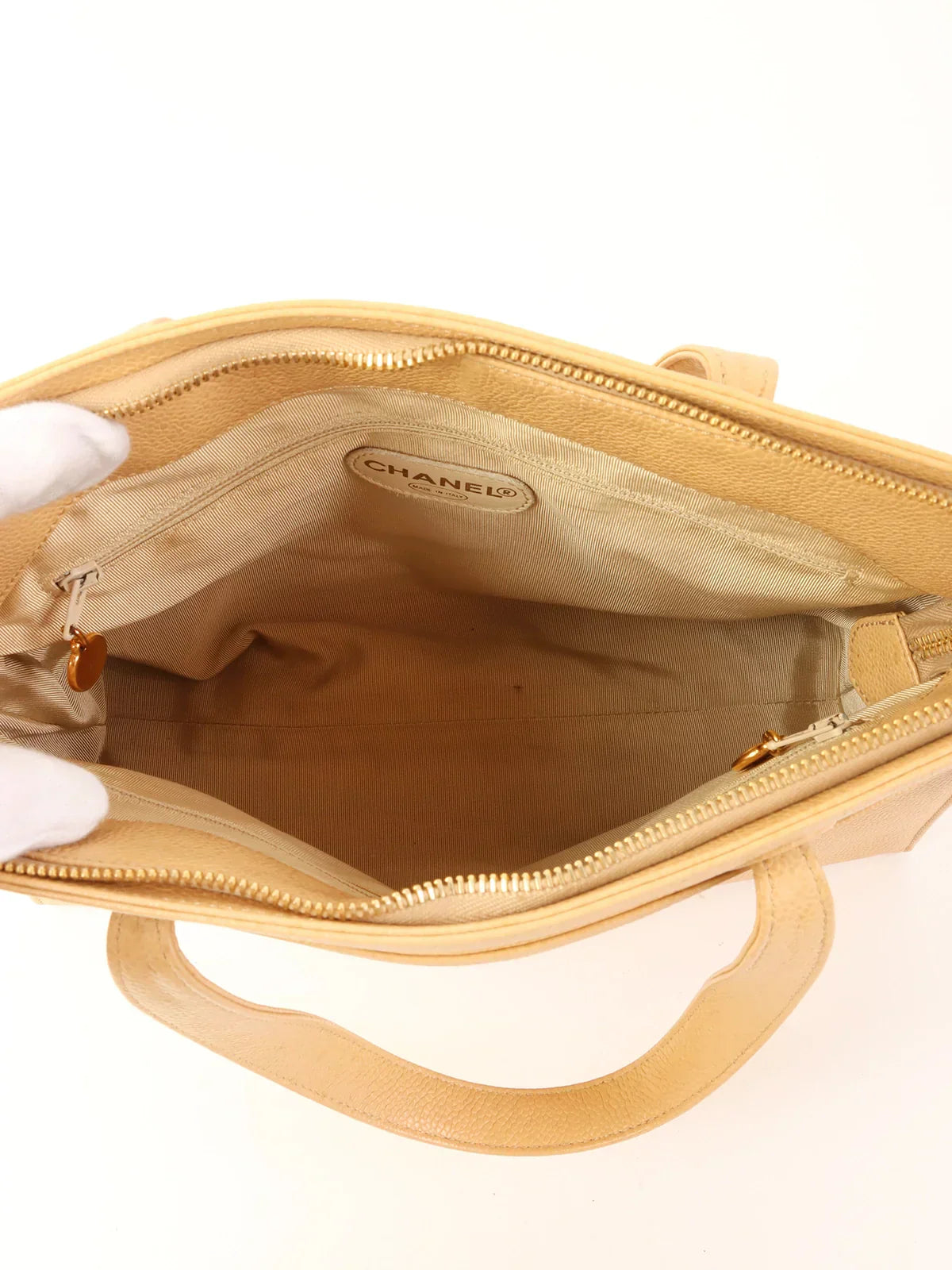 Chanel Around  Made Caviar Skin Logo Embroidered Tote Bag Beige