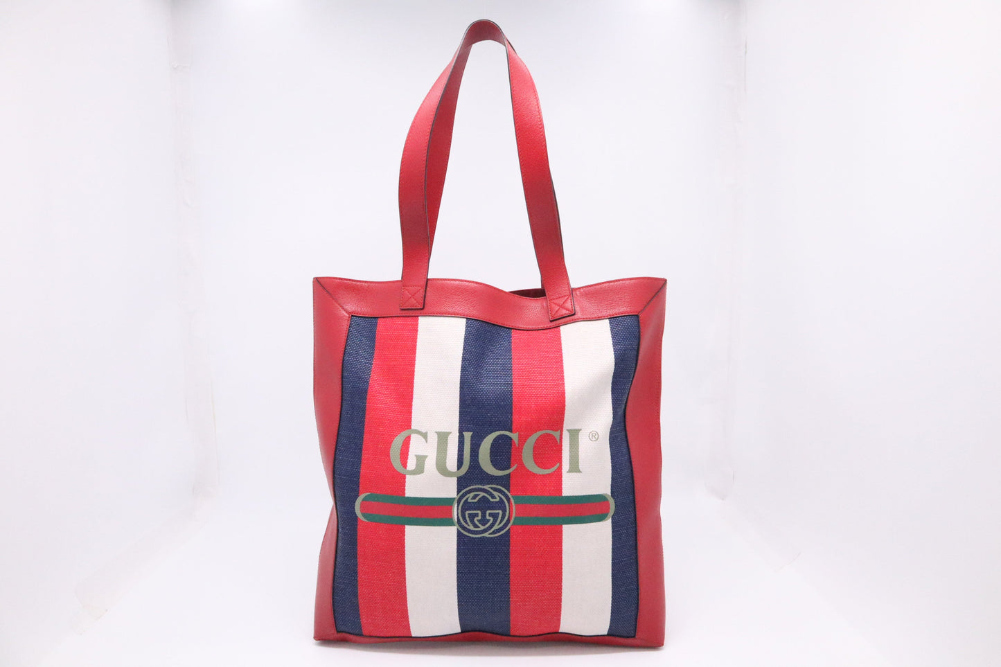 Gucci Sylvie Baiadera Stripes Canvas White Blue Red Tote Bag