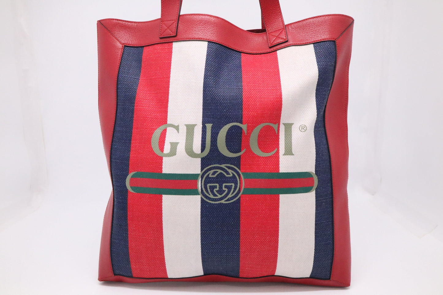 Gucci Sylvie Baiadera Stripes Canvas White Blue Red Tote Bag