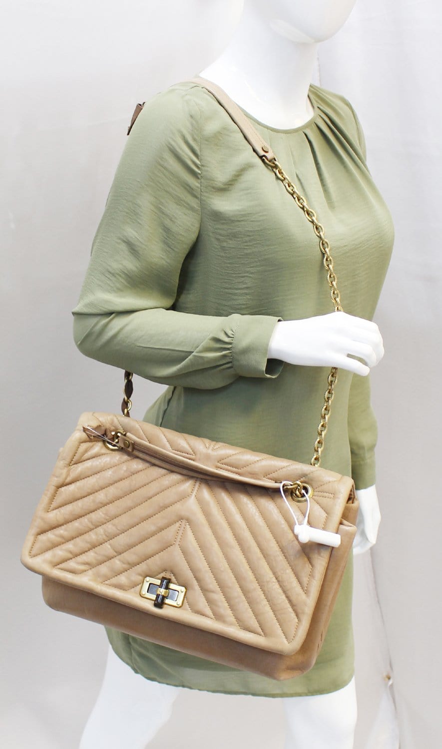 Happy Chevron Shoulder Bag Beige Large