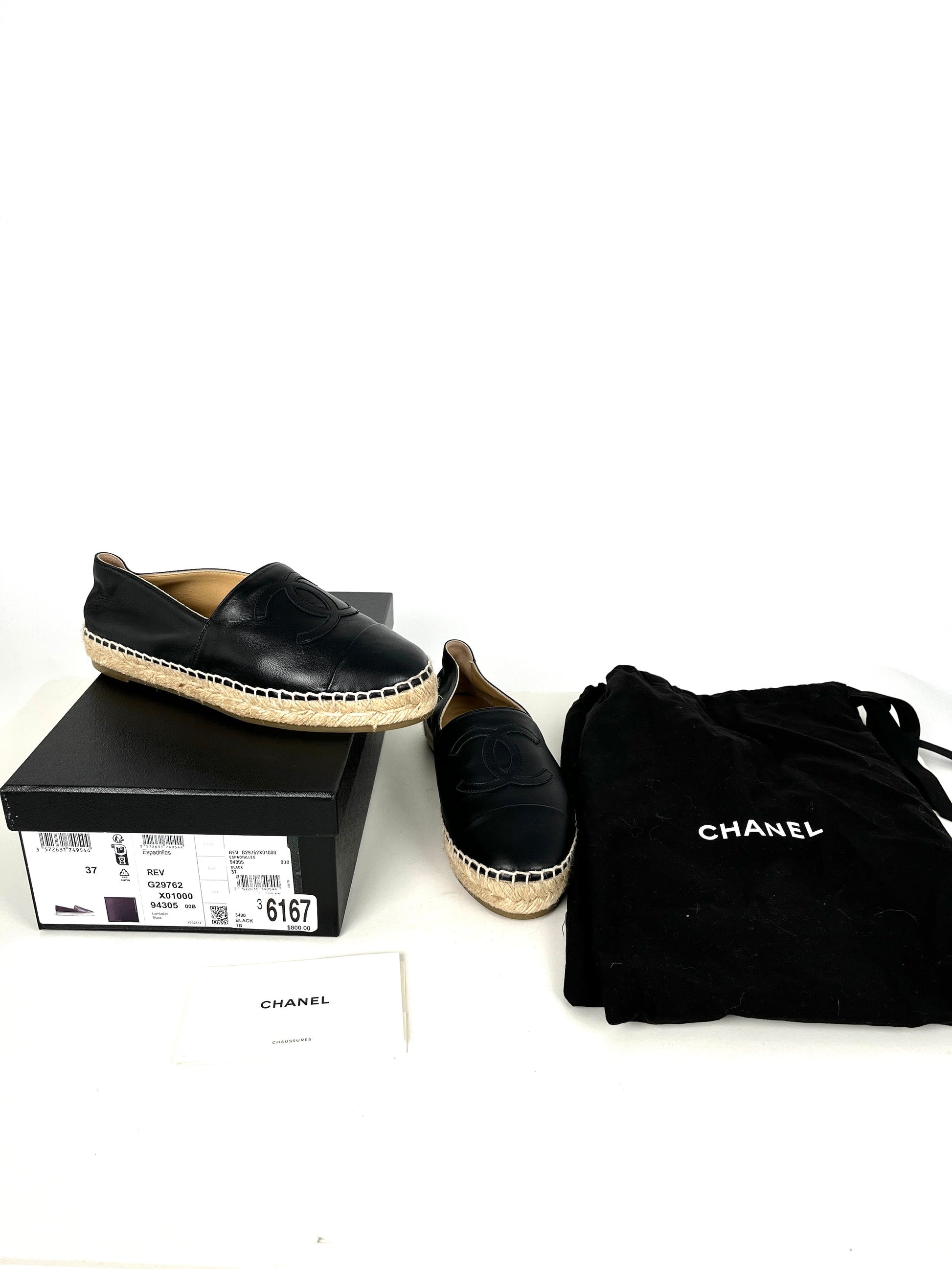 Chanel Black Leather Cc Logo Espadrilles Flats 37 7 Women Shoes