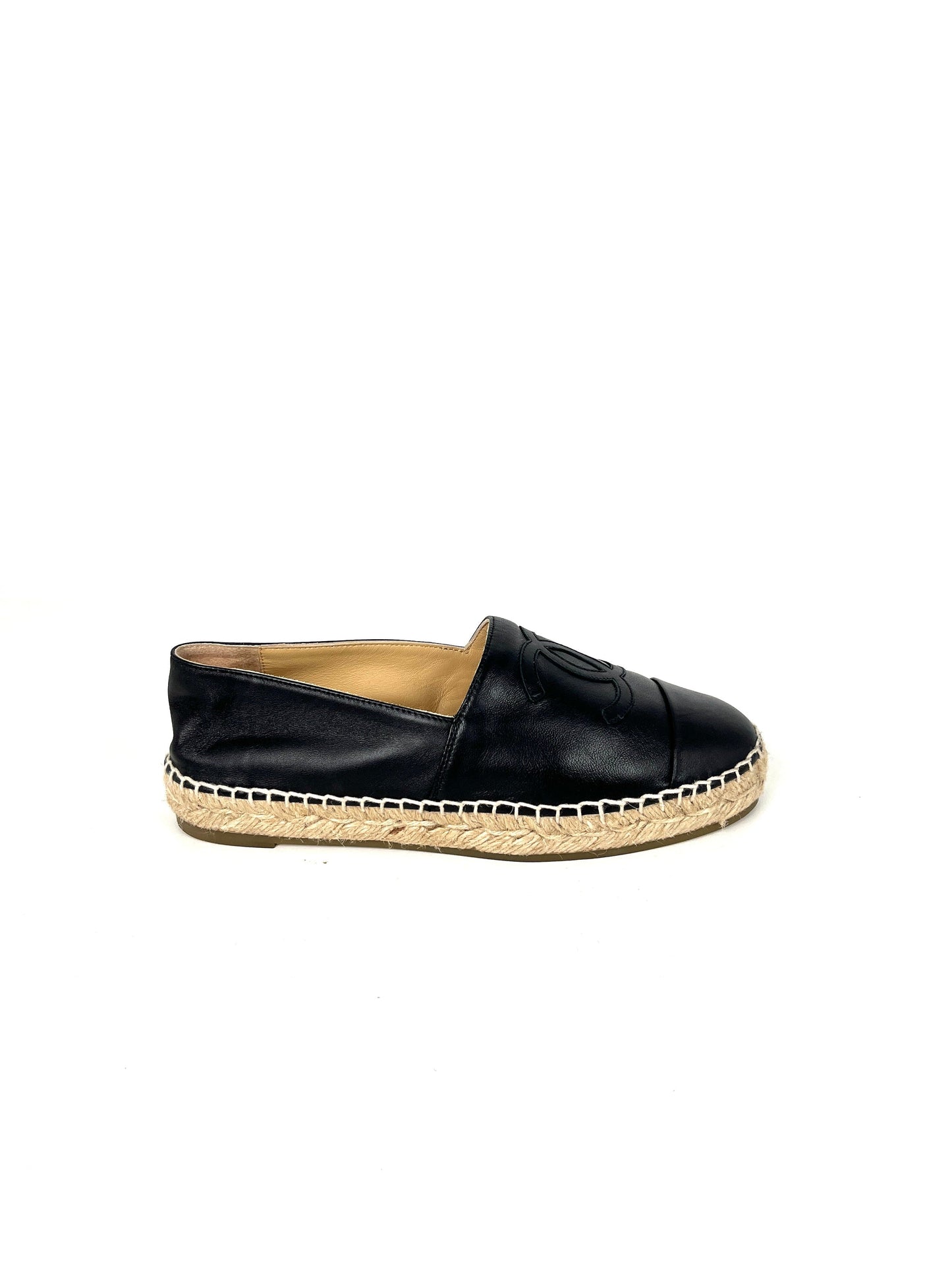 Chanel Black Leather CC Logo Espadrilles Flats 37 7 for Women
