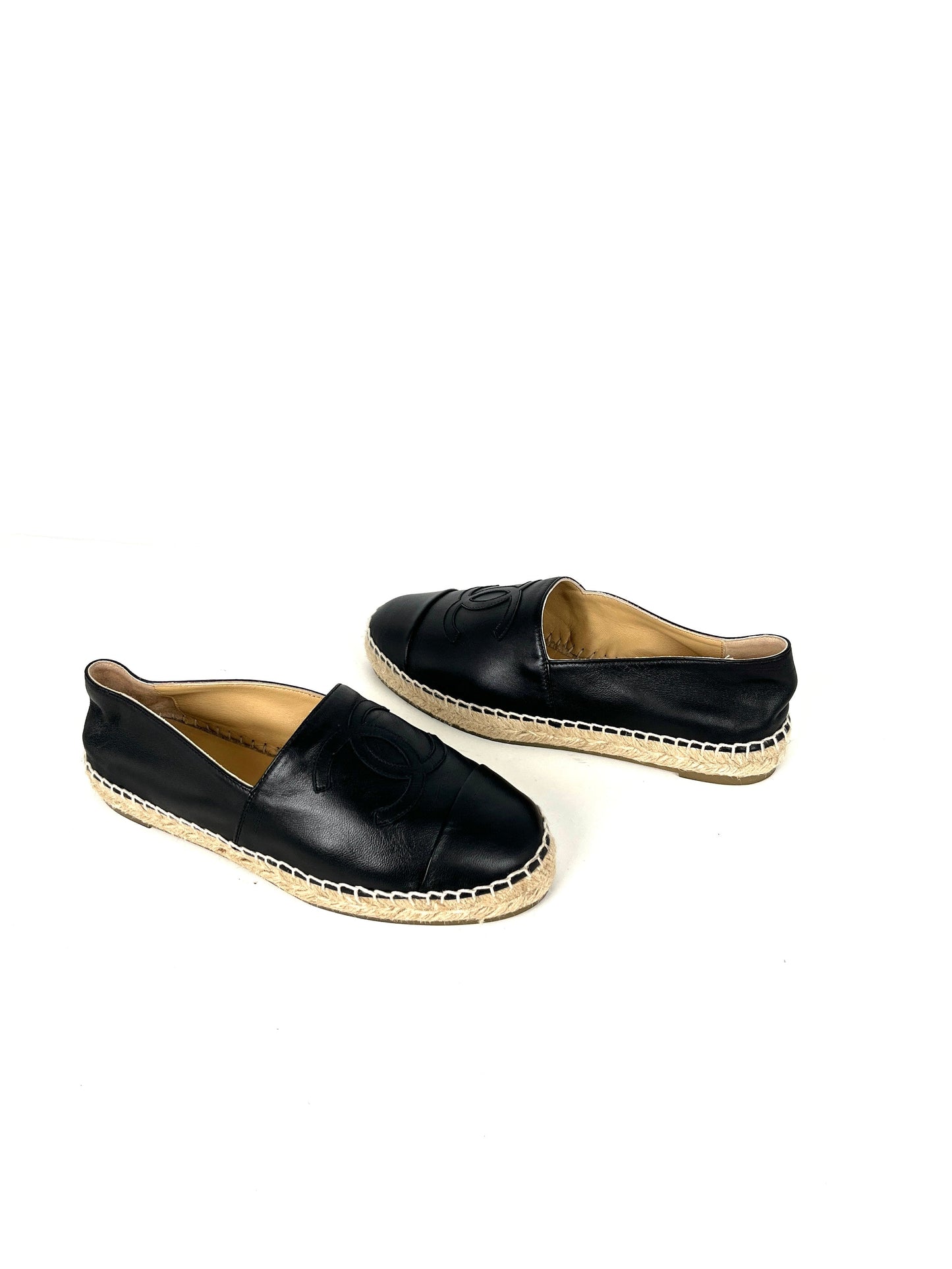 Chanel Black Leather Cc Logo Espadrilles Flats 37 7 Women Shoes