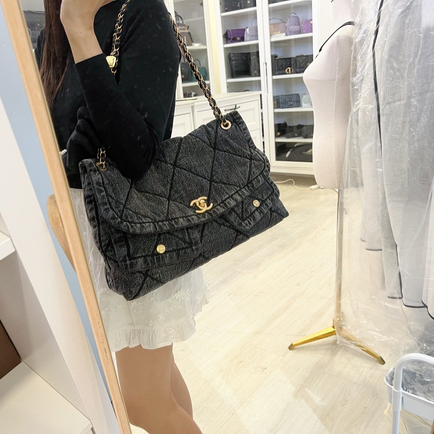 Chanel Maxi Flapbag in Black Washed Denim and AGHW (Model: AS5727)