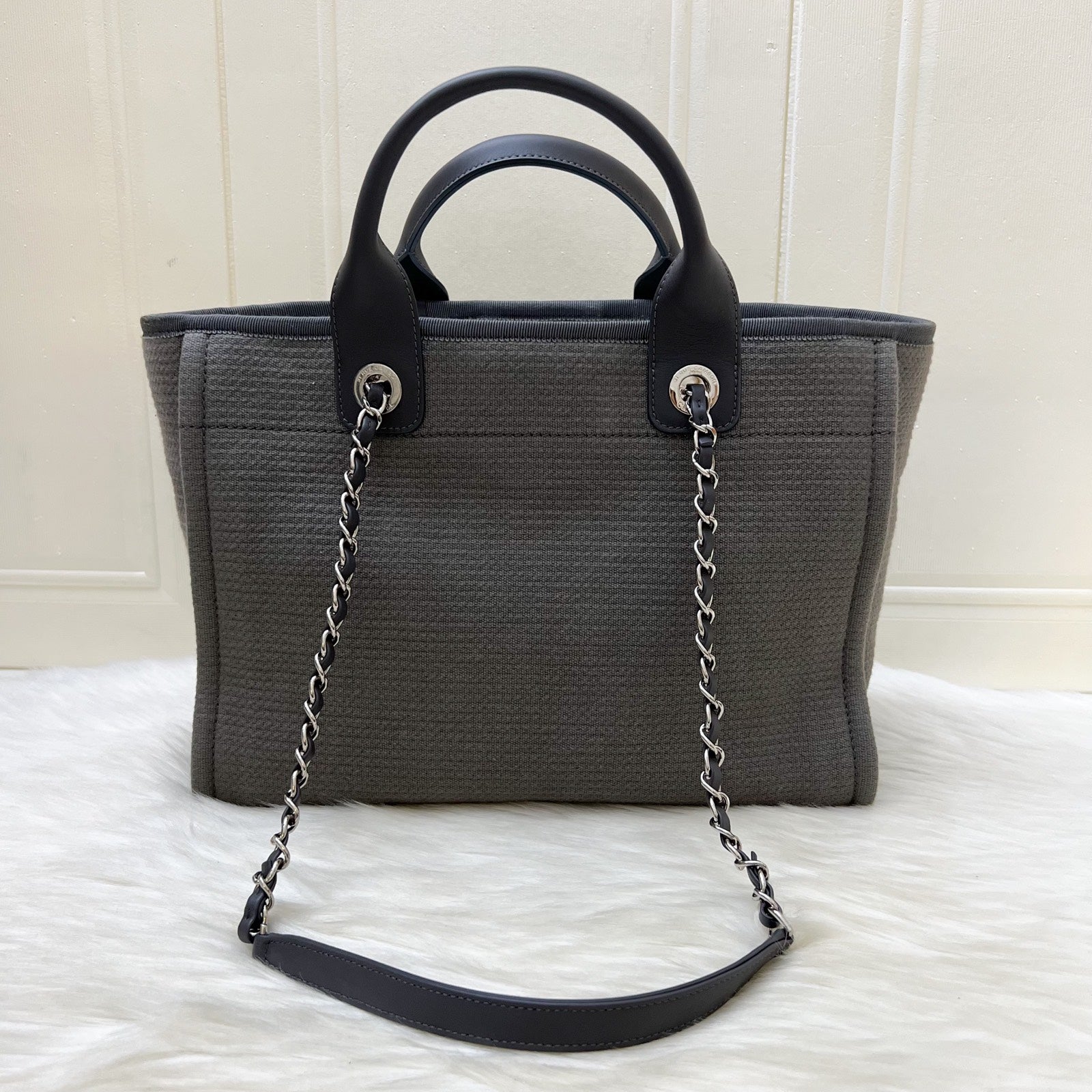 Chanel Small Deauville Shopping Tote In Grey Fabric, Grey Leather And Shw