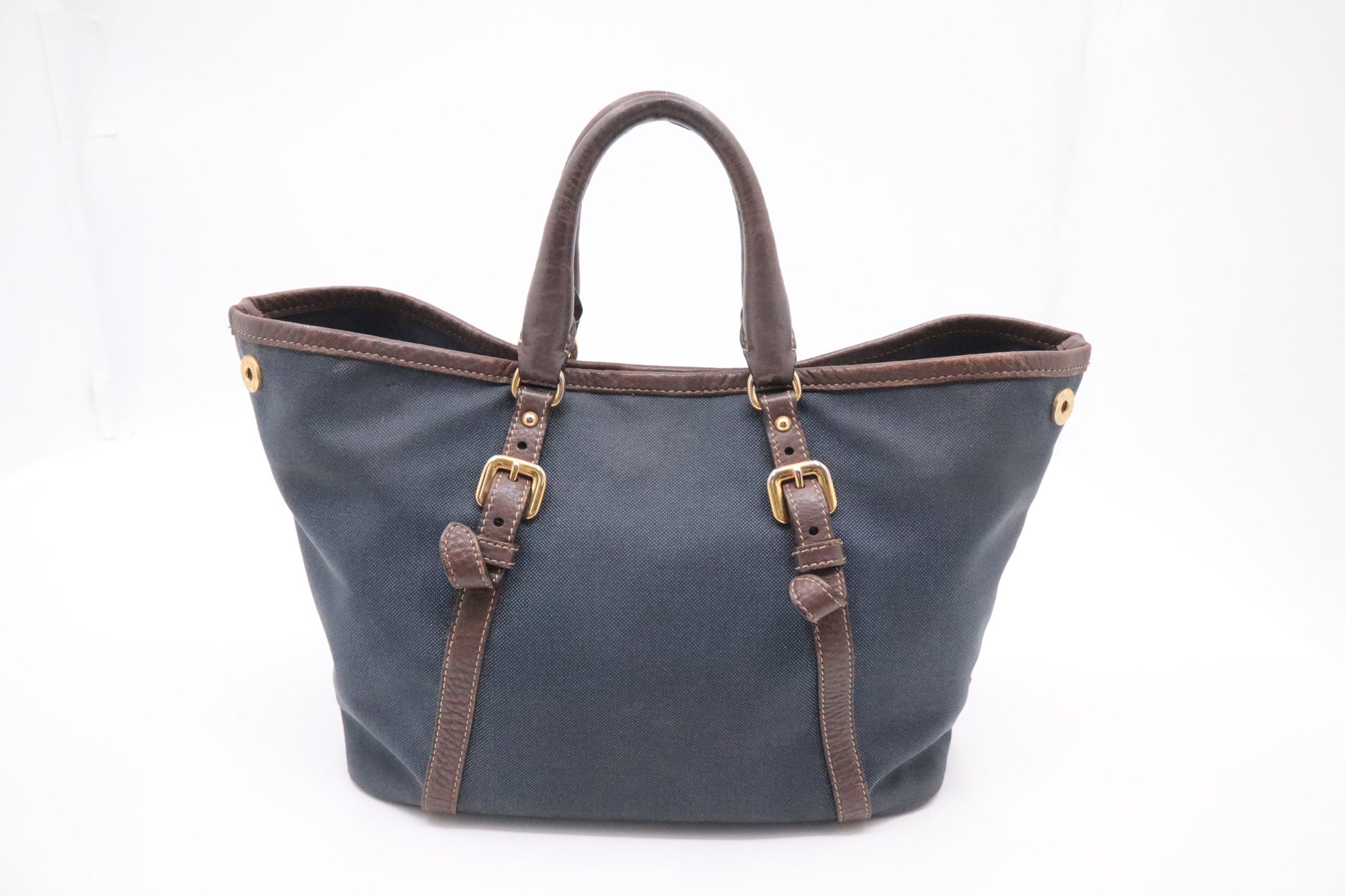 Prada Logo Handbag In And Navy Leather Canvas Travel Bag