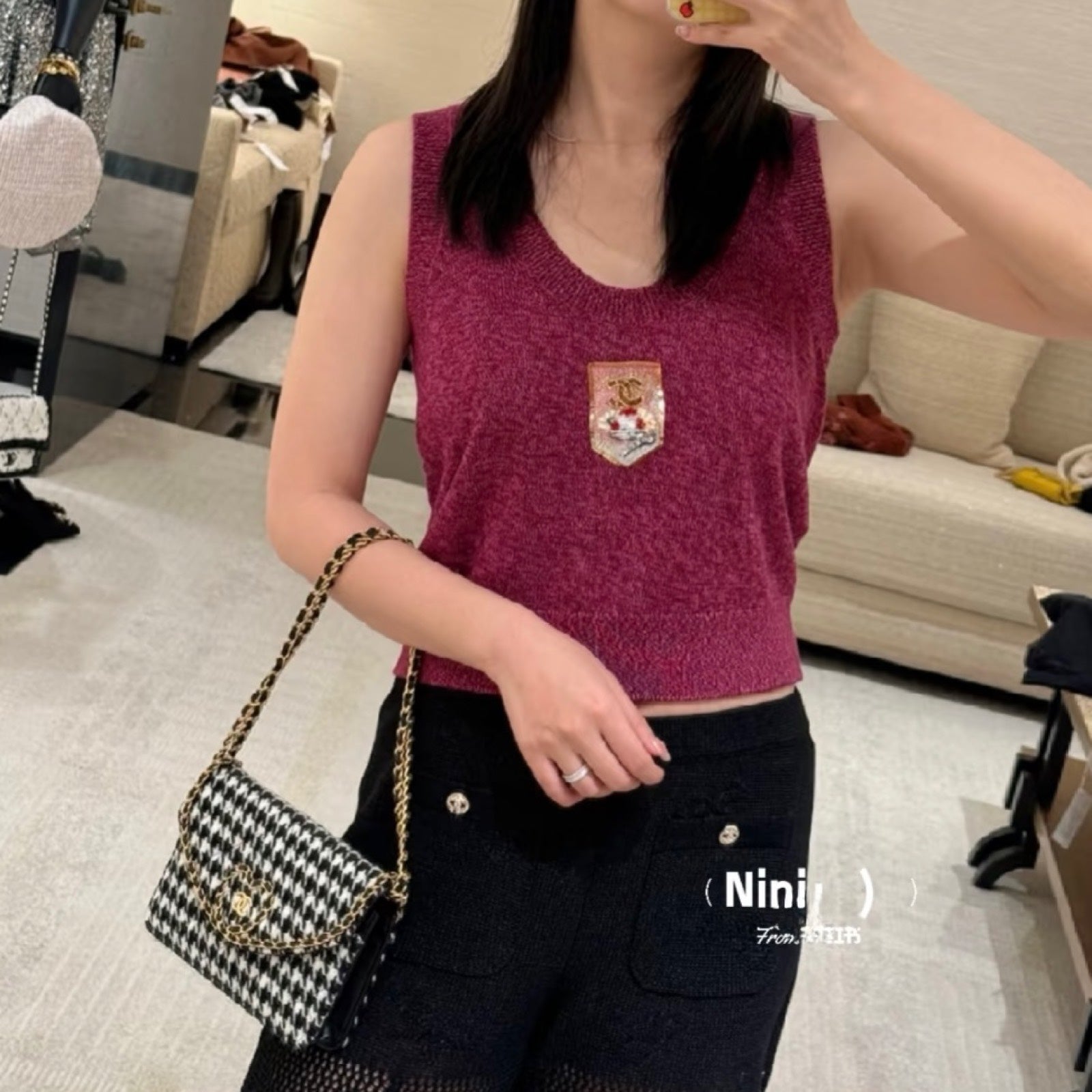Chanel 24A Seasonal Vest with Embroidered CC Logo Crest in Dark Mauve Cashmere Sz 36 Handbag