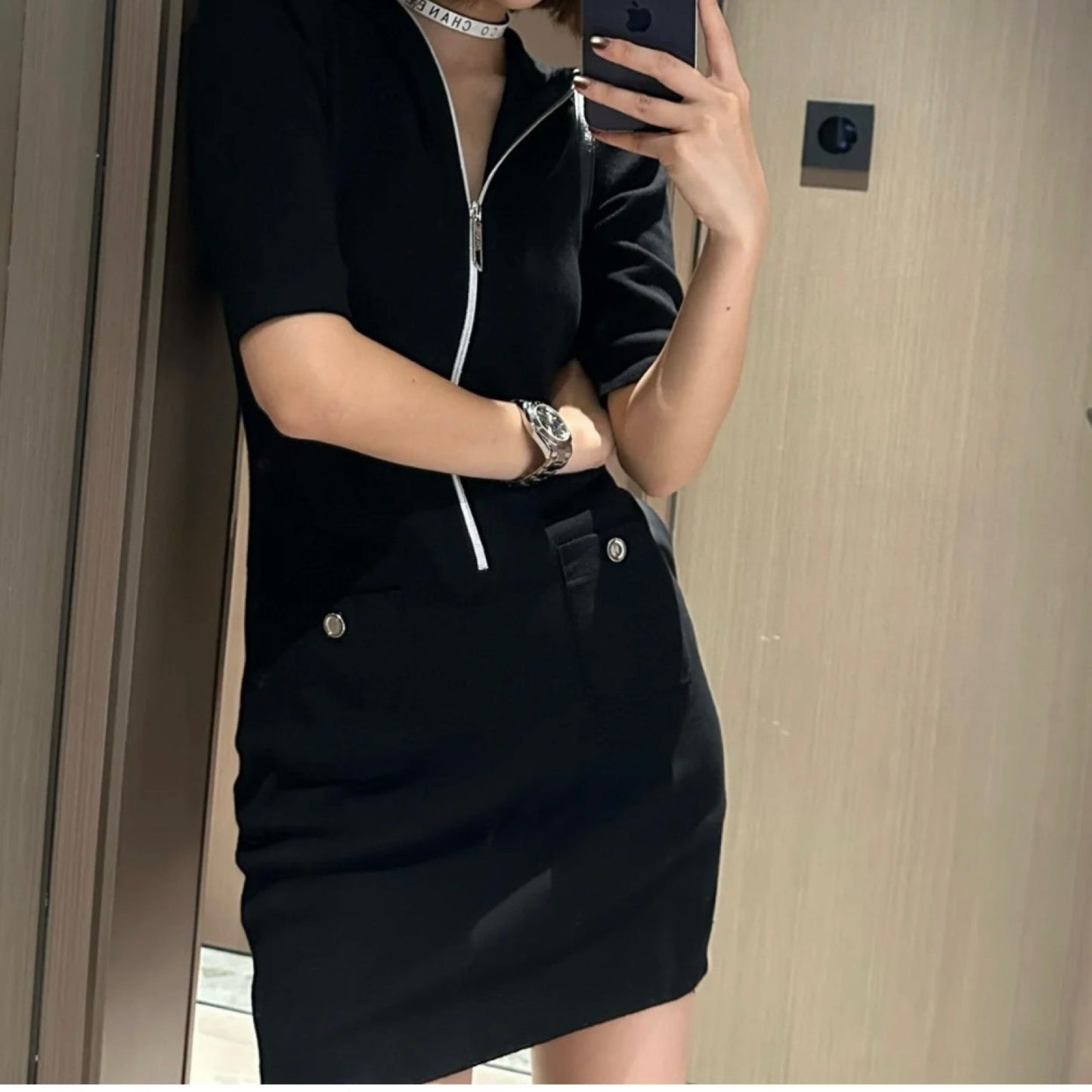 Chanel 25C Zipped Hoodie Dress in Black Cotton and Cashmere Sz 40