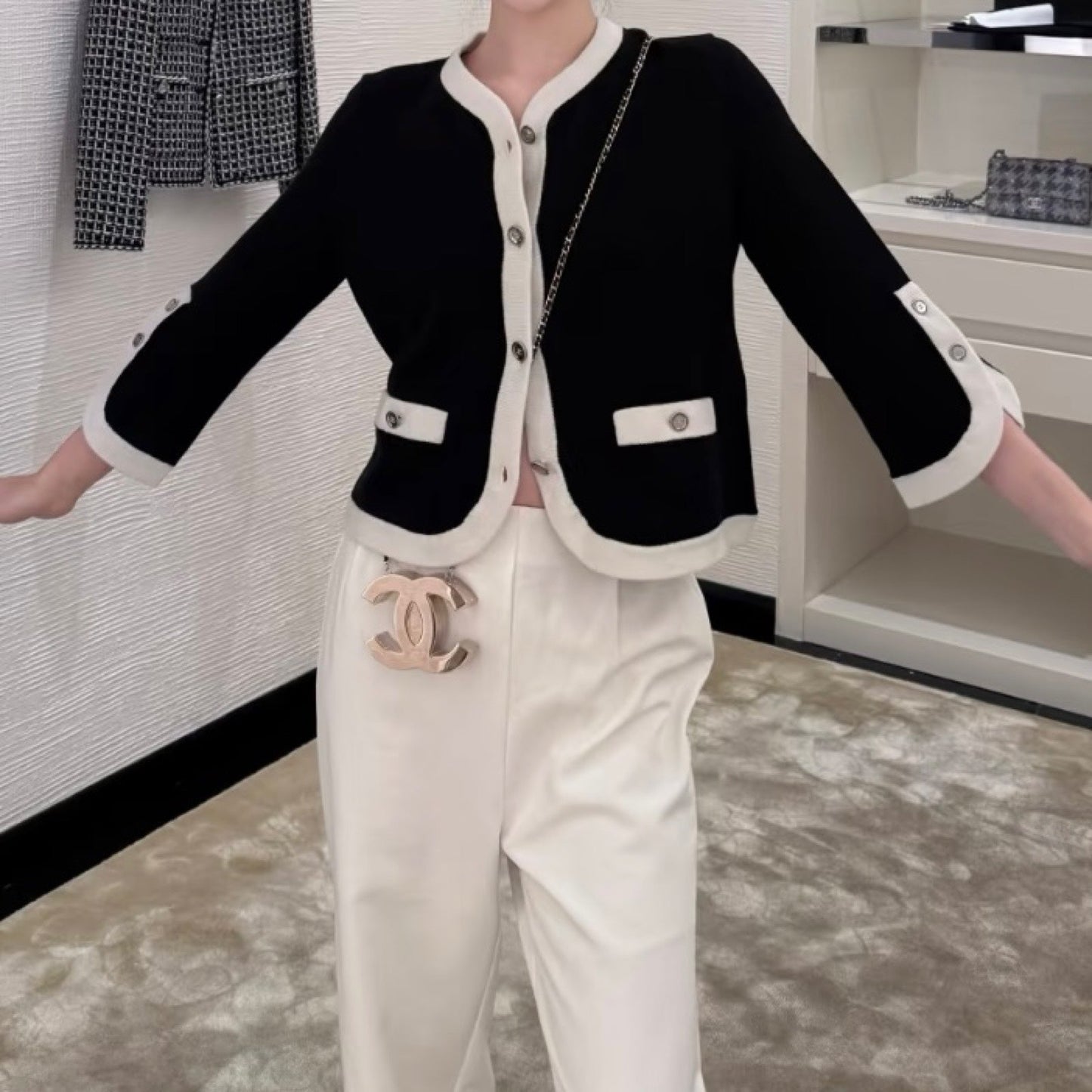 Chanel 25C Cardigan With CC Logo Buttons in Black / White Cashmere Sz 38