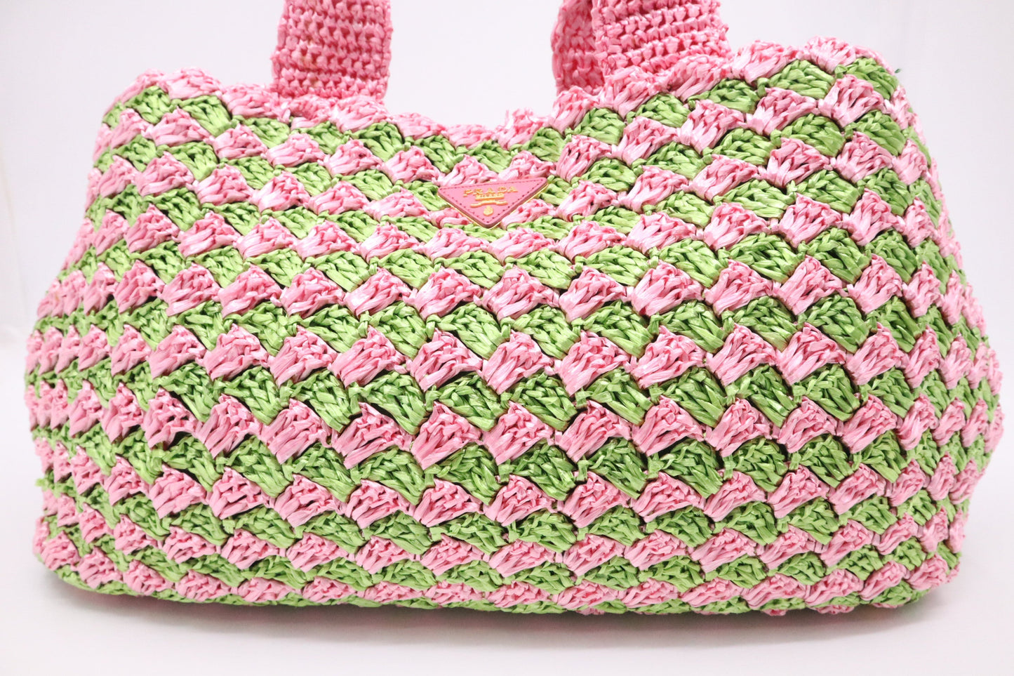 Prada Canapa Tote Large In And Crochet Handbag Raffia Pink Tote Bag