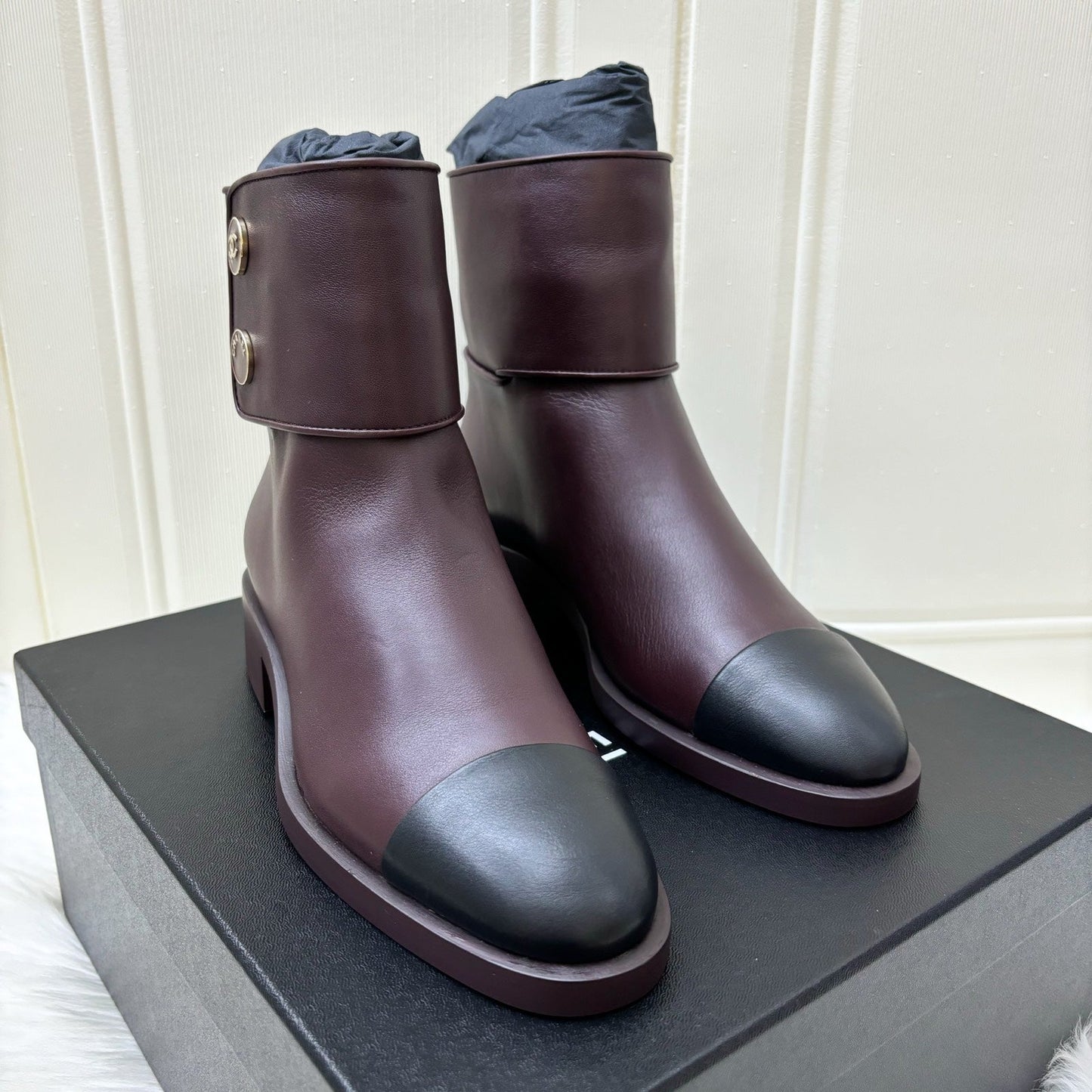 Chanel Ankle Boots in Burgundy Calf Leather and Black Tip Sz 38 for Women