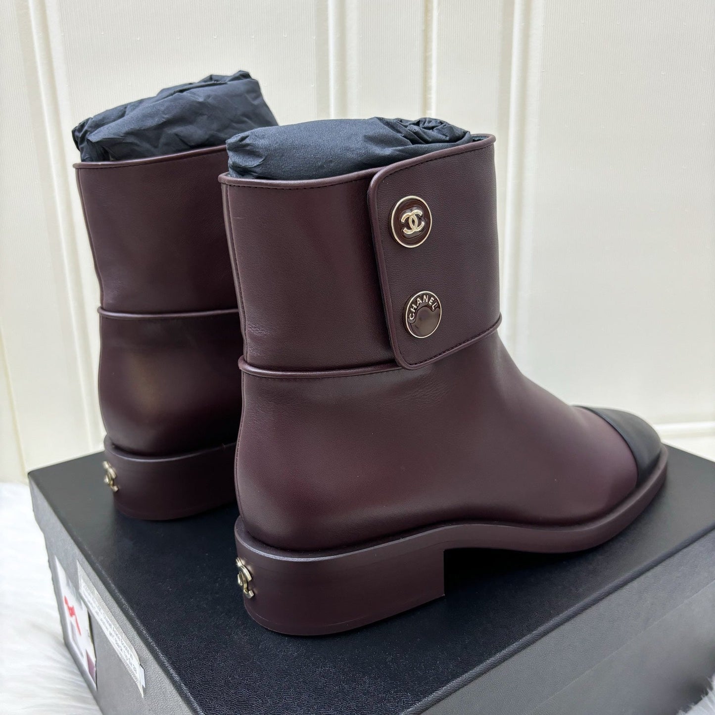 Chanel Ankle Boots in Burgundy Calf Leather and Black Tip Sz 38 for Women
