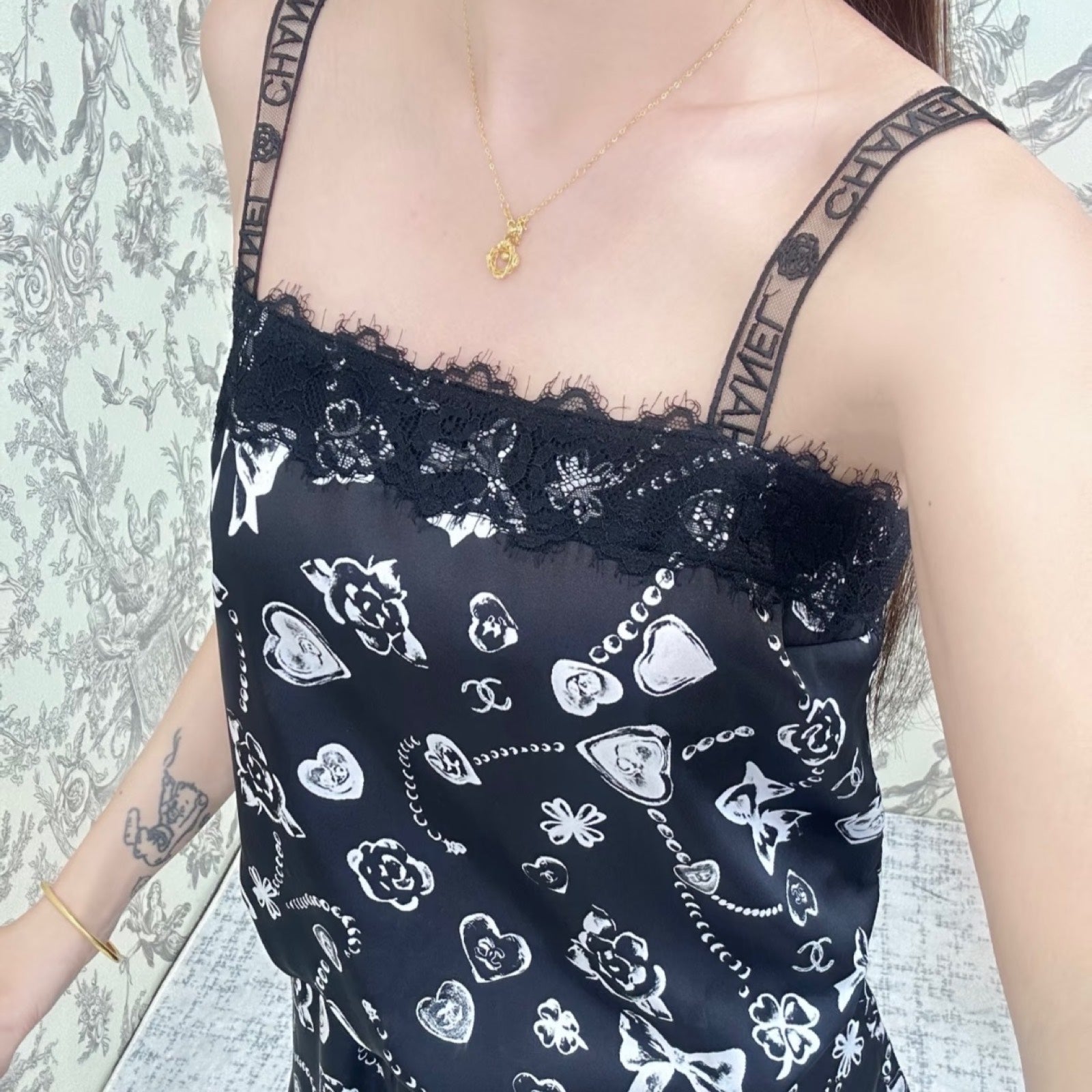Chanel 25B Camisole Top In Black Silk With White Prints Sz 38 Bag