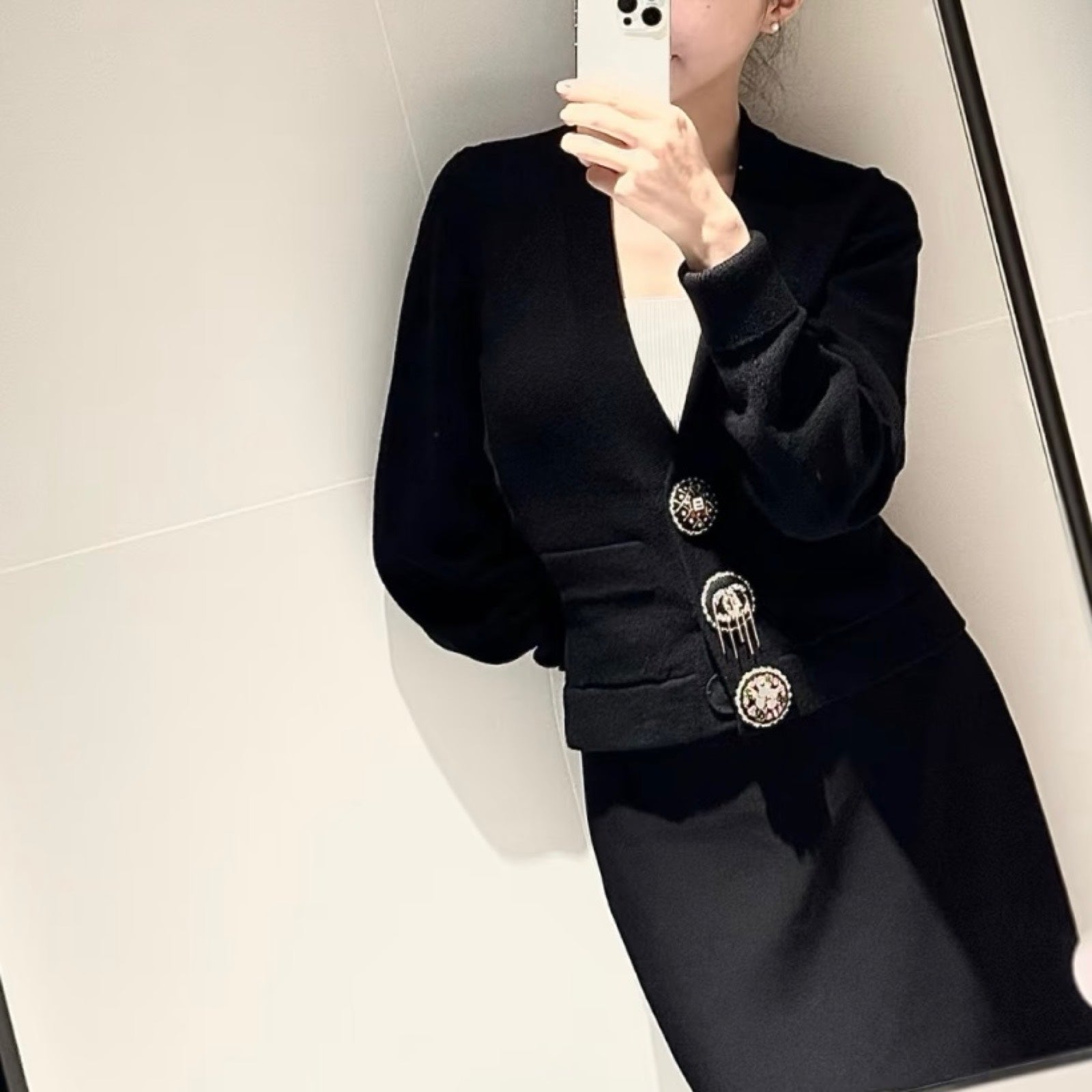 Chanel 22A Runway Cardigan in Black Cashmere with Embellished Buttons Sz 44 Handbag