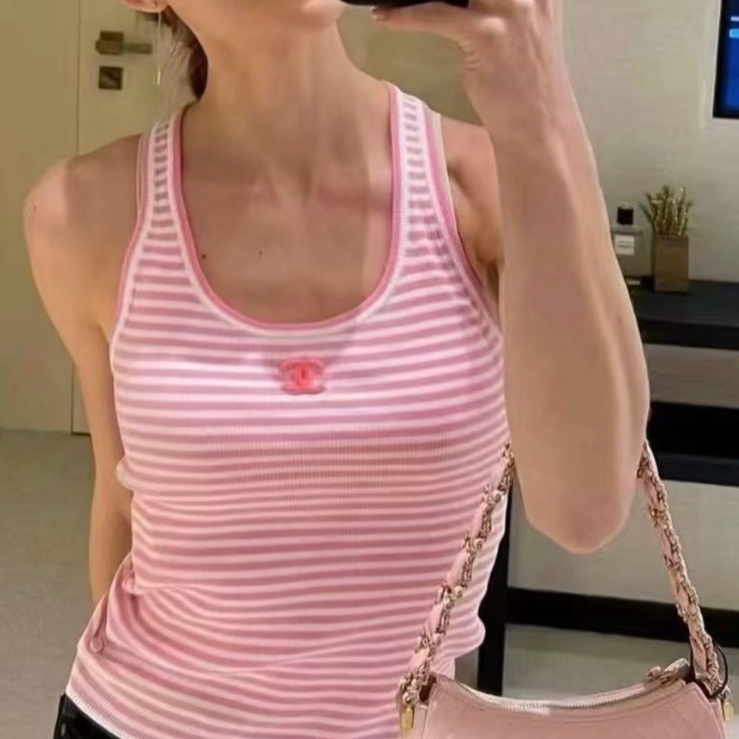 Chanel Striped Knit Tank Top In Pink Cotton And Polyamide Sz 34 Bag