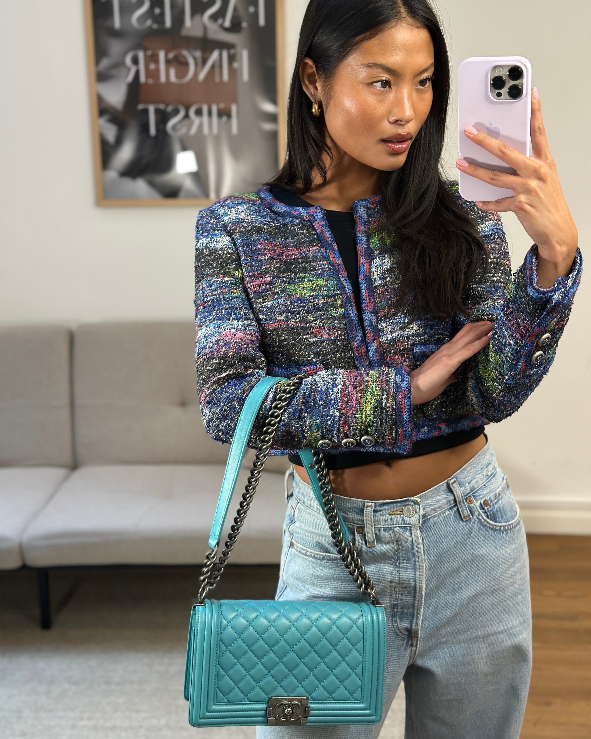 Chanel *Fire Price* Teal Medium Boy Bag In Lambskin Leather With Ruthenium Hardware