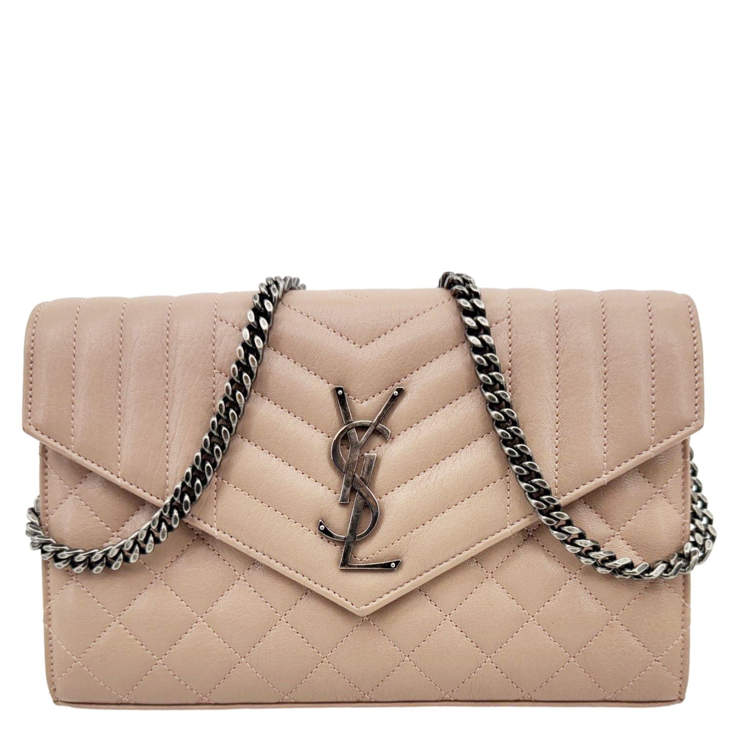 YSL Saint Laurent Yves Envelope Sheepskin Shoulder Bag Dark Leather Beige Chain