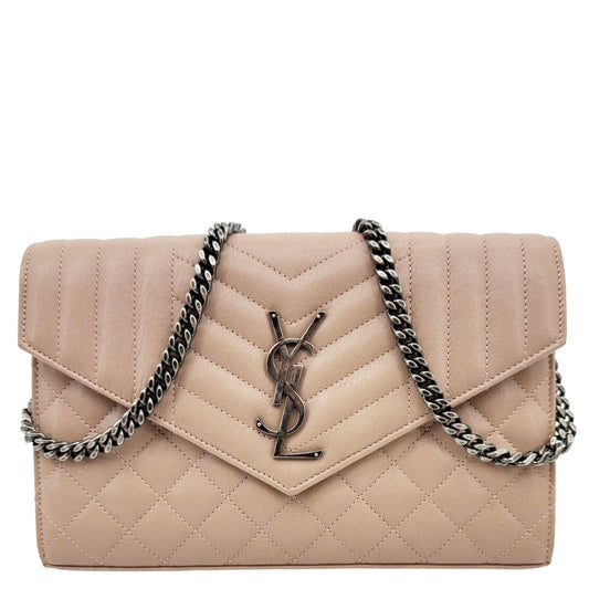 YSL Saint Laurent Yves Envelope Sheepskin Shoulder Bag Dark Leather Beige Chain