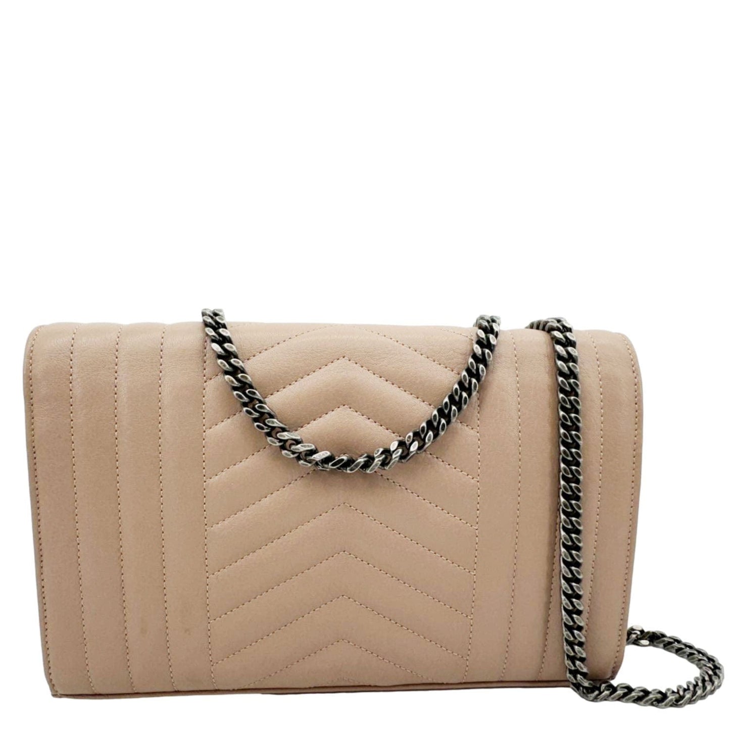 YSL Saint Laurent Yves Envelope Sheepskin Shoulder Bag Dark Leather Beige Chain