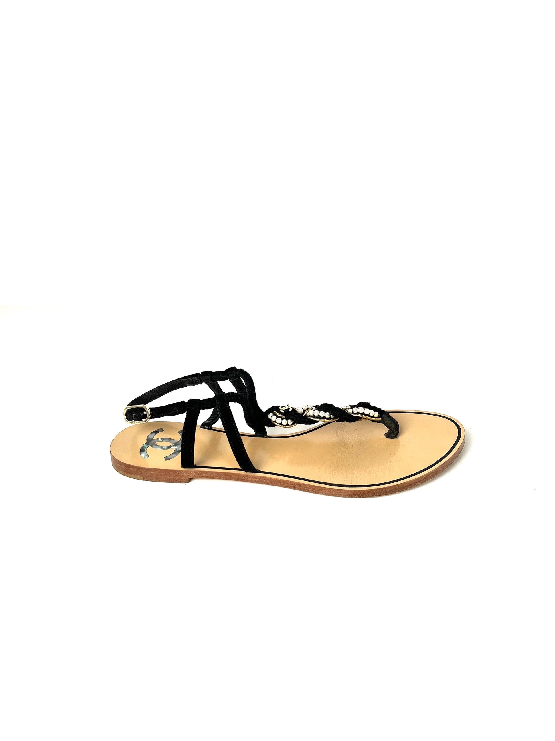 Chanel Faux Pearl Rope CC Logo Flat T Strap Black Sandals 39 C 8 for Women