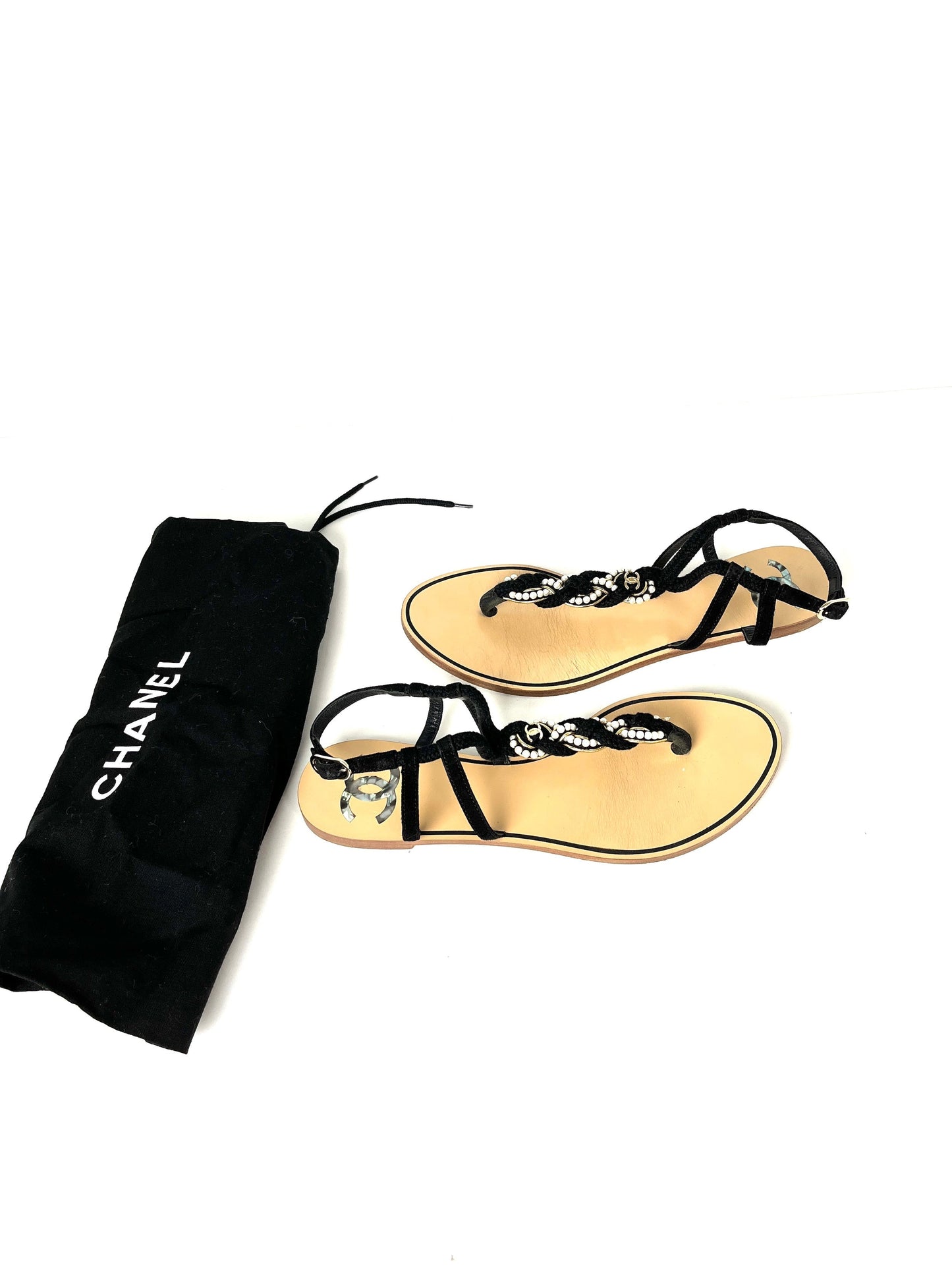 Chanel Faux Pearl Rope CC Logo Flat T Strap Black Sandals 39 C 8 for Women