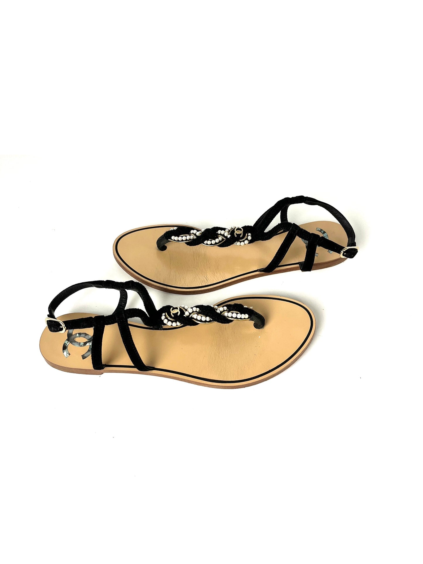 Chanel Faux Pearl Rope CC Logo Flat T Strap Black Sandals 39 C 8 for Women