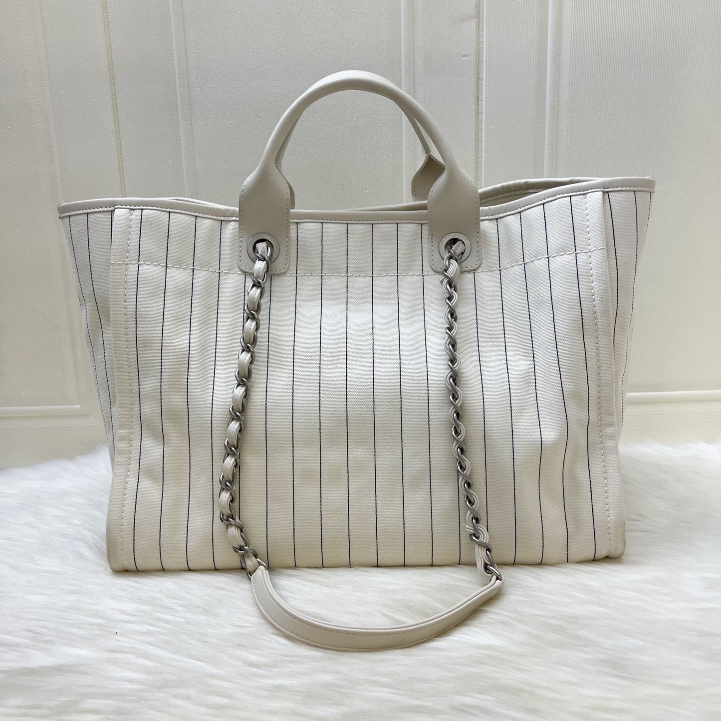 Chanel Medium / Large Deauville Tote in White Striped Fabric and Lghw