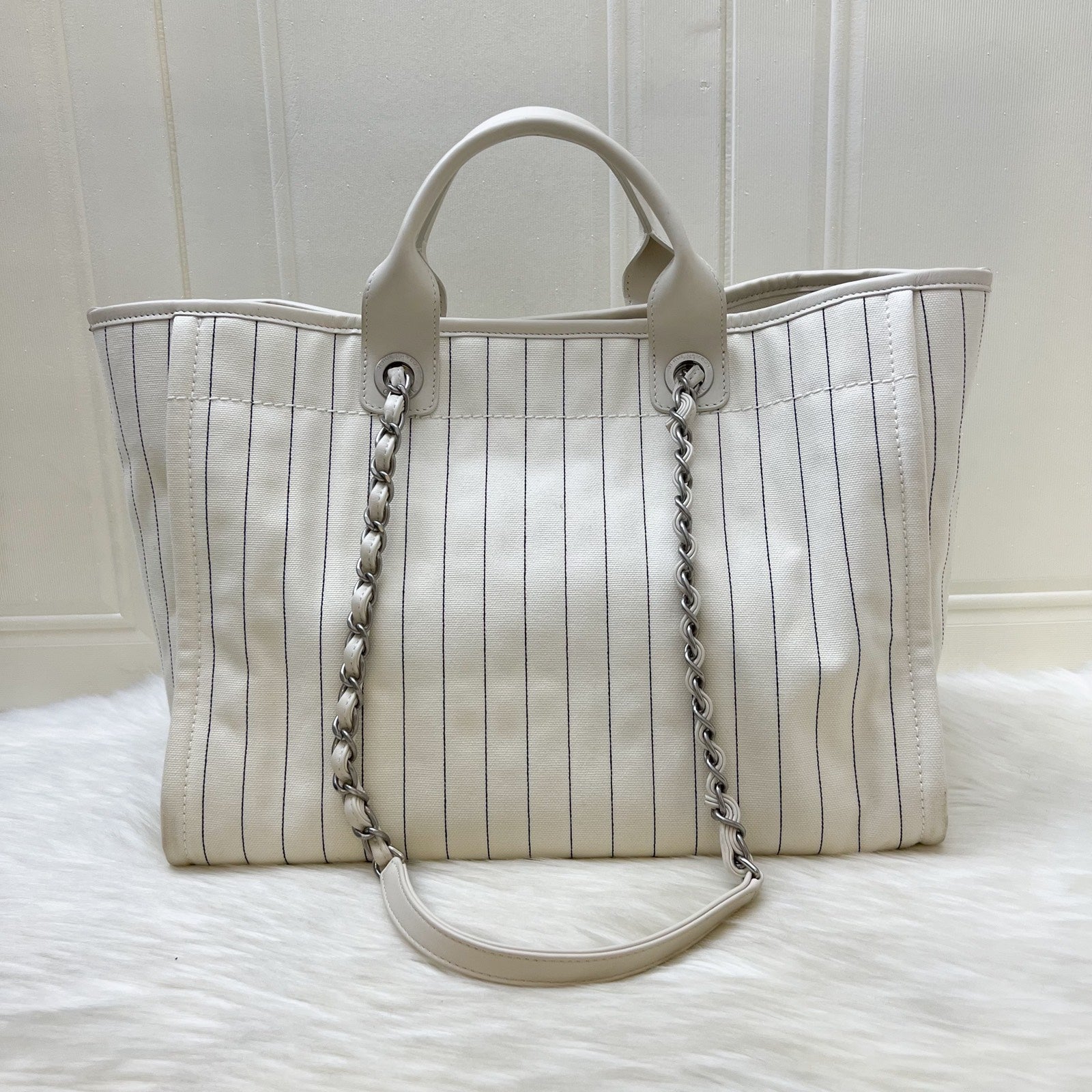 Chanel Medium / Large Deauville Tote in White Striped Fabric and Lghw