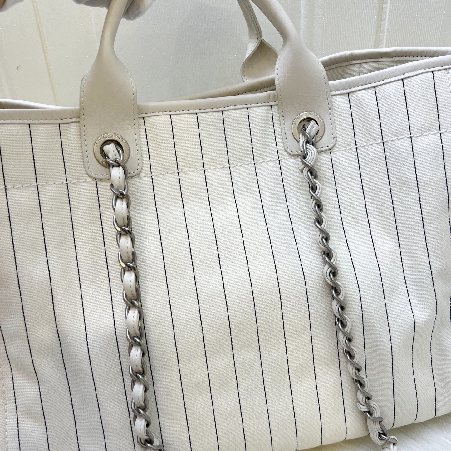 Chanel Medium / Large Deauville Tote in White Striped Fabric and Lghw