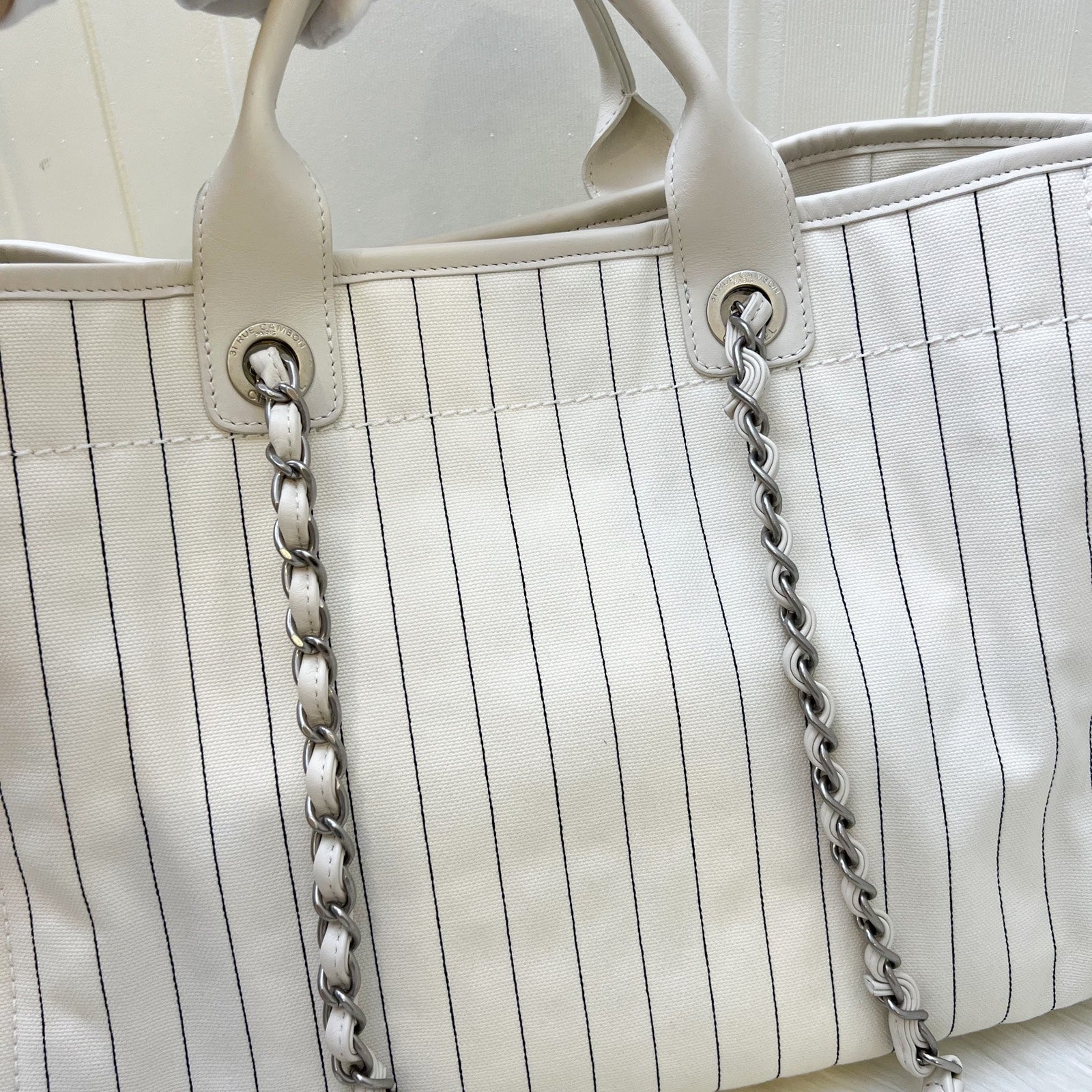 Chanel Medium / Large Deauville Tote in White Striped Fabric and Lghw