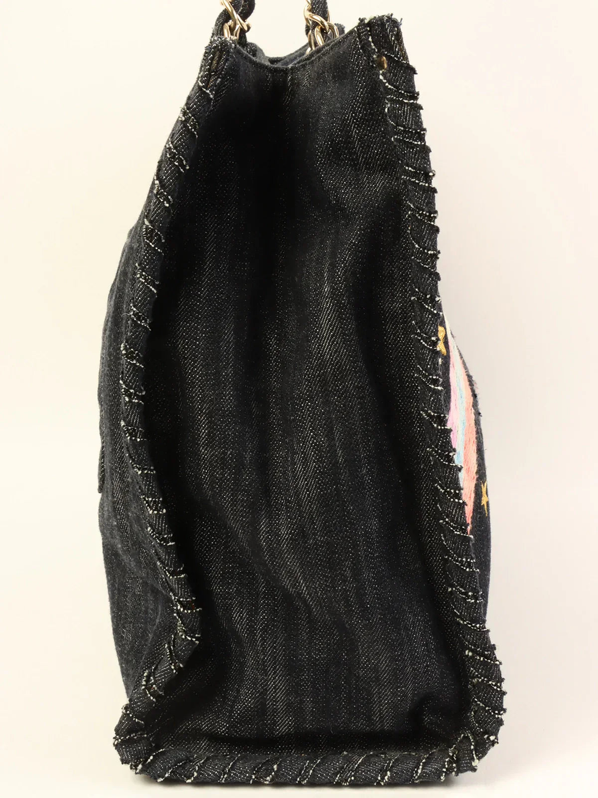 Chanel Around  Made Denim Airplane Cc Mark Embroidered Chain Tote Bag Indigo