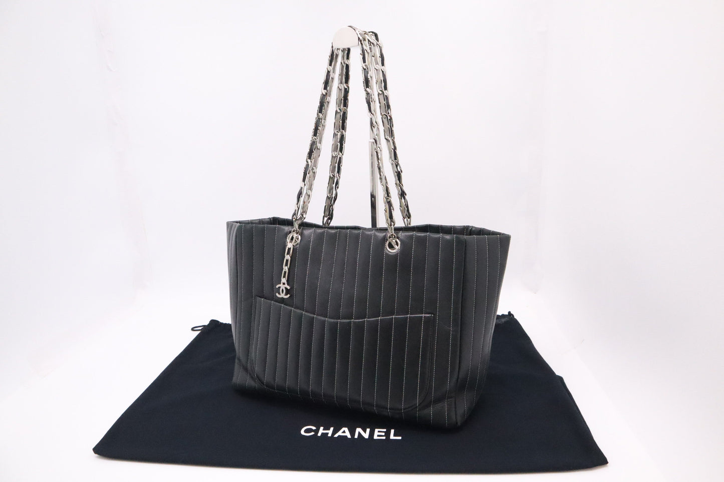 Chanel Mademoiselle Striped Black Leather Tote Bag