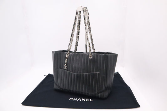 Chanel Mademoiselle Striped Black Leather Tote Bag