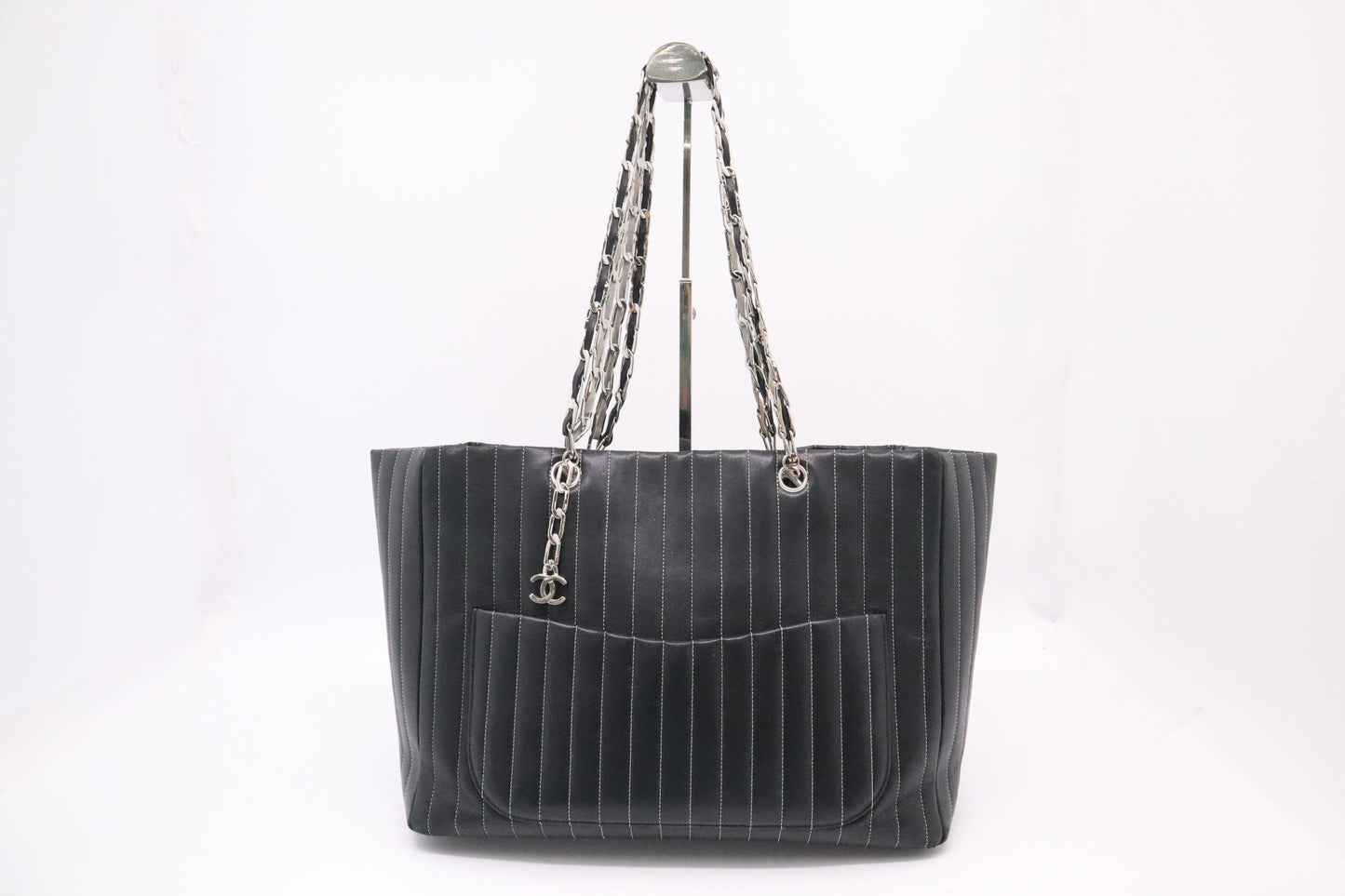 Chanel Mademoiselle Striped Black Leather Tote Bag